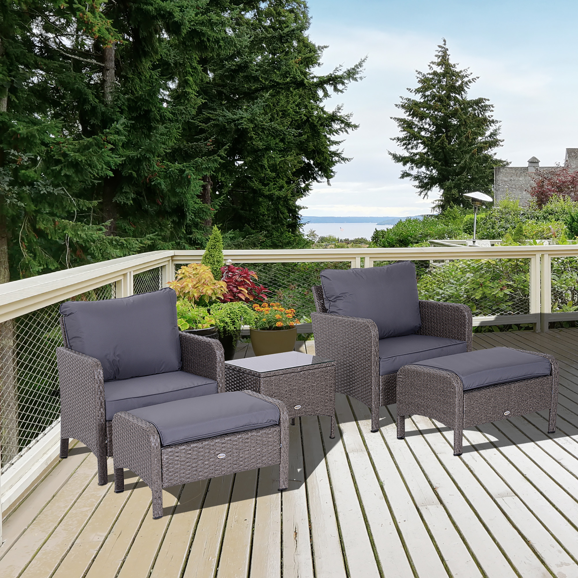 5-tlg, Polyrattan Gartenmöbel Sitzgruppe Gartenset Sofagarnitur Garnitur Lounge mit Kissen Dunkelgrau 2 x Sessel 1 x Couchtisch 2 x Hocker
