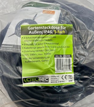 Gartensteckdose für Außen, IP44, 5-fach, Einzelsteckdosen, 5+2,5+2,5+2,5+2,5m