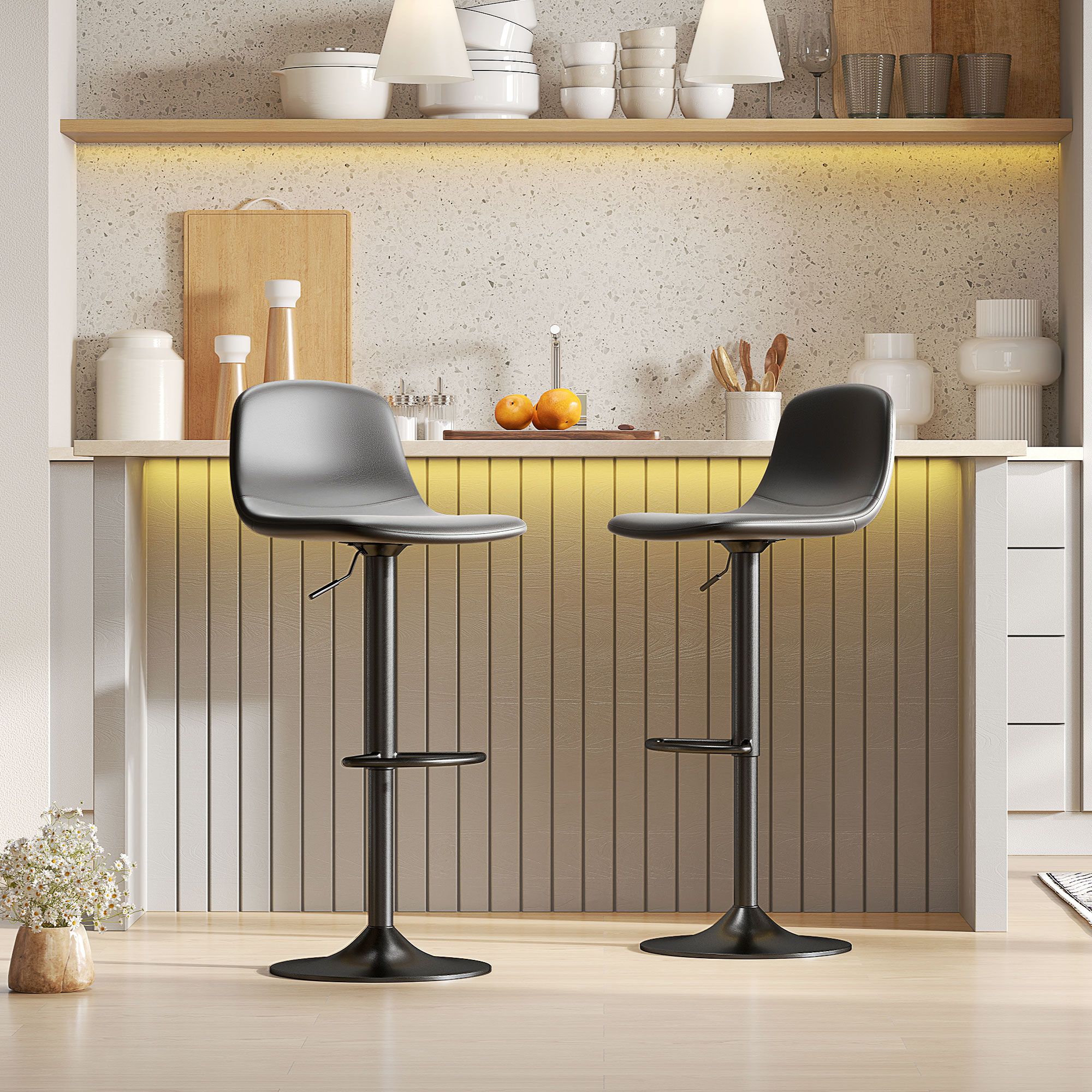 2er-Set Barhocker, Barstühle mit Kunstlederbezug, drehbar, mit Rückenlehne und Fußstütze, Metallbasis, Schwarz