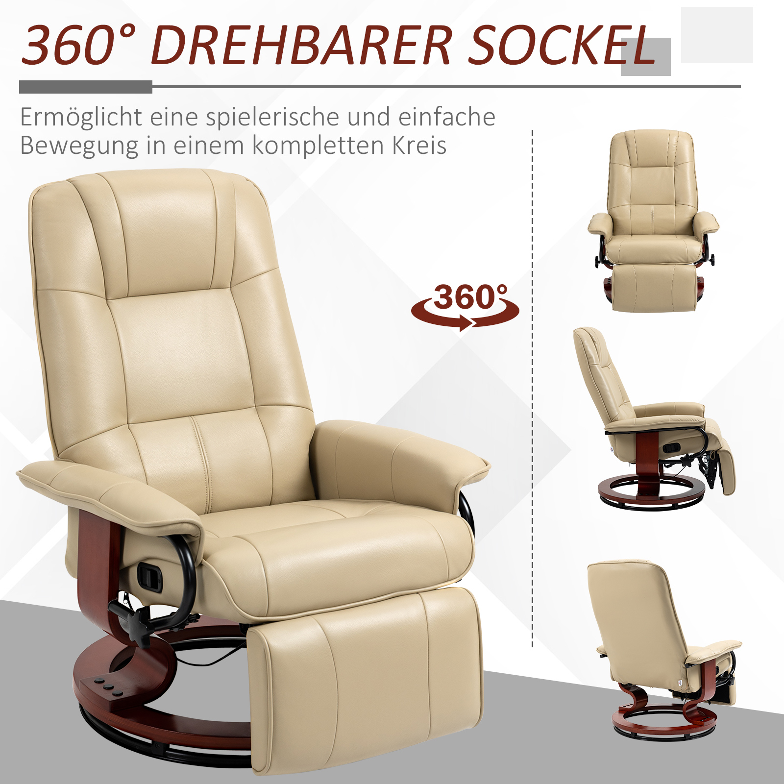 Relaxsessel, verstellbar, Liegefunktion, bis 120 kg, Kunstleder, 78 x 87 x 100 cm, Creme