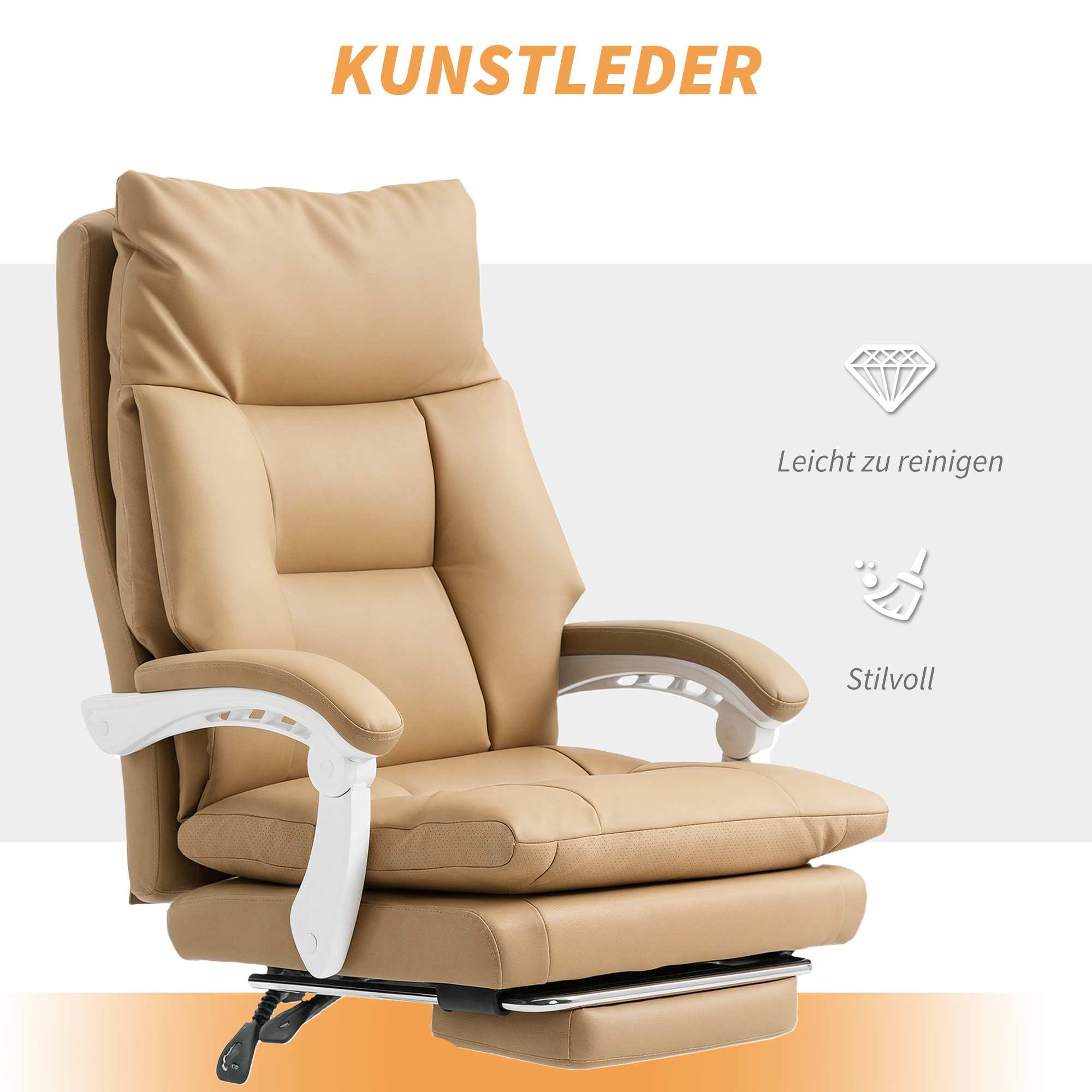 Bürostuhl Ergonomischer Schreibtischstuhl mit Lendenwirbelstütze, Klappbar Armlehne, Fußstütze Hellbraun