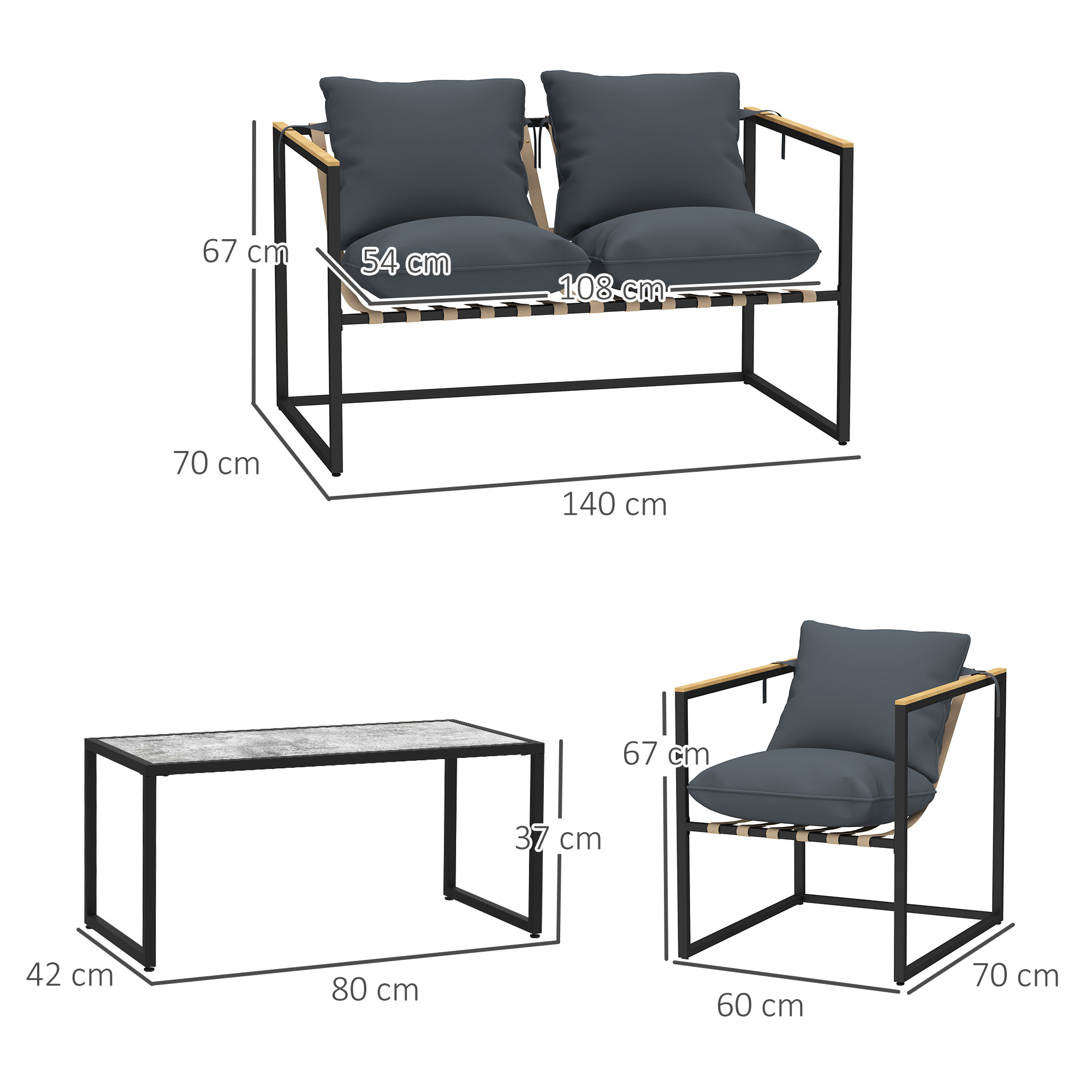 4-teiliges Gartenmöbelset, Outdoor-Möbel-Set, 2 Sessel, 2er Sofa, 1 Tisch, gepolstert, Stahl, Polyester, Grau