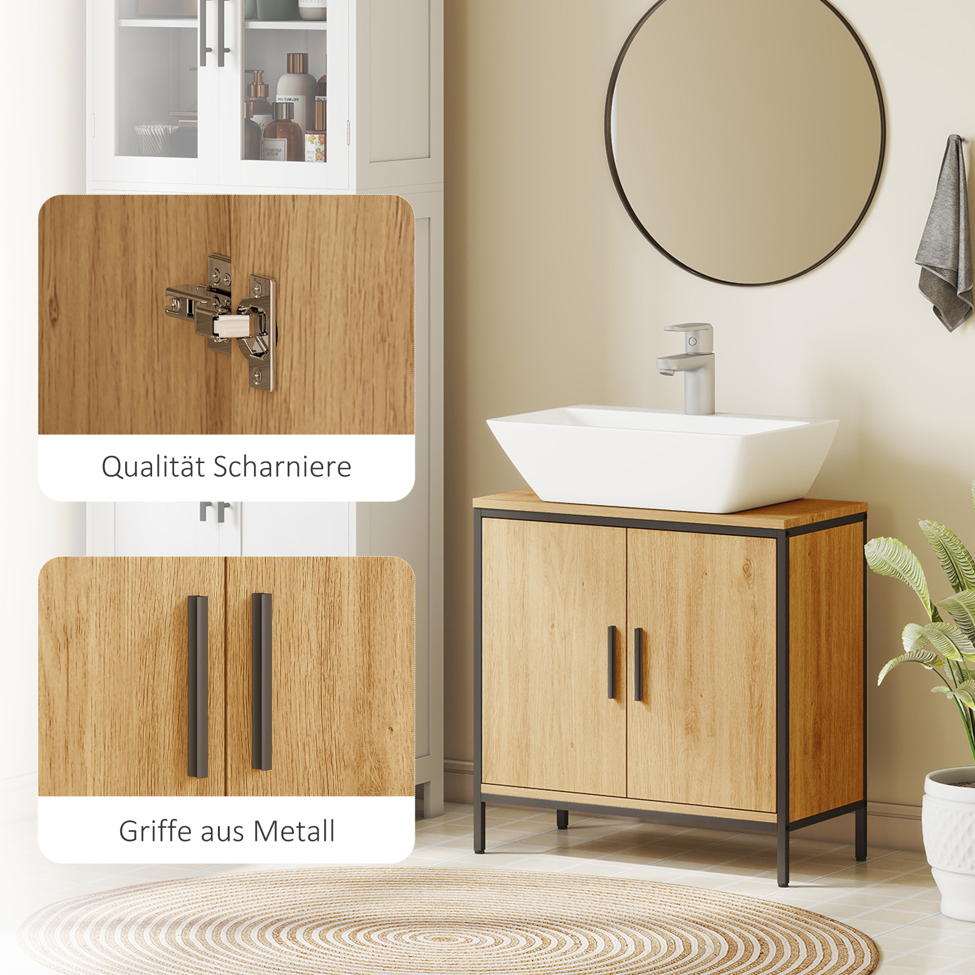 Waschbeckenunterschrank, Unterschrank mit 2 Türen, einstellbarem Regal, 60x30x60 cm Badezimmerschrank mit Stahlrahmen, für Waschbecken ohne Sockel, Eiche