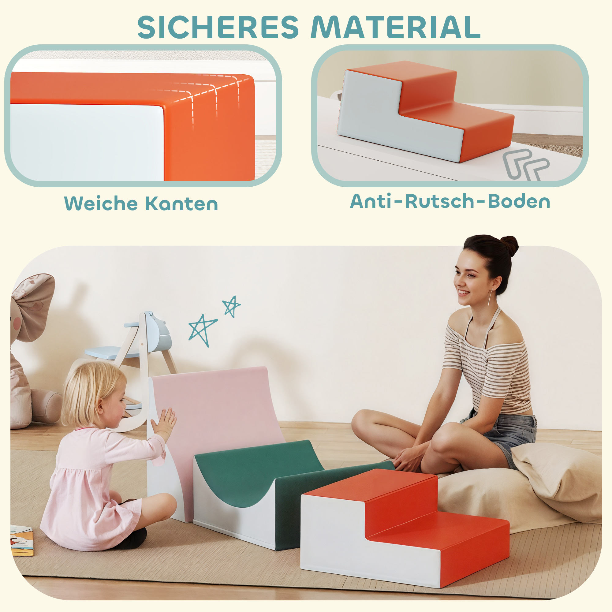 3-teiliges Kletter- und Krabbelset für Kleinkinder, Kunstleder, Schaumstoff, Hellgrau