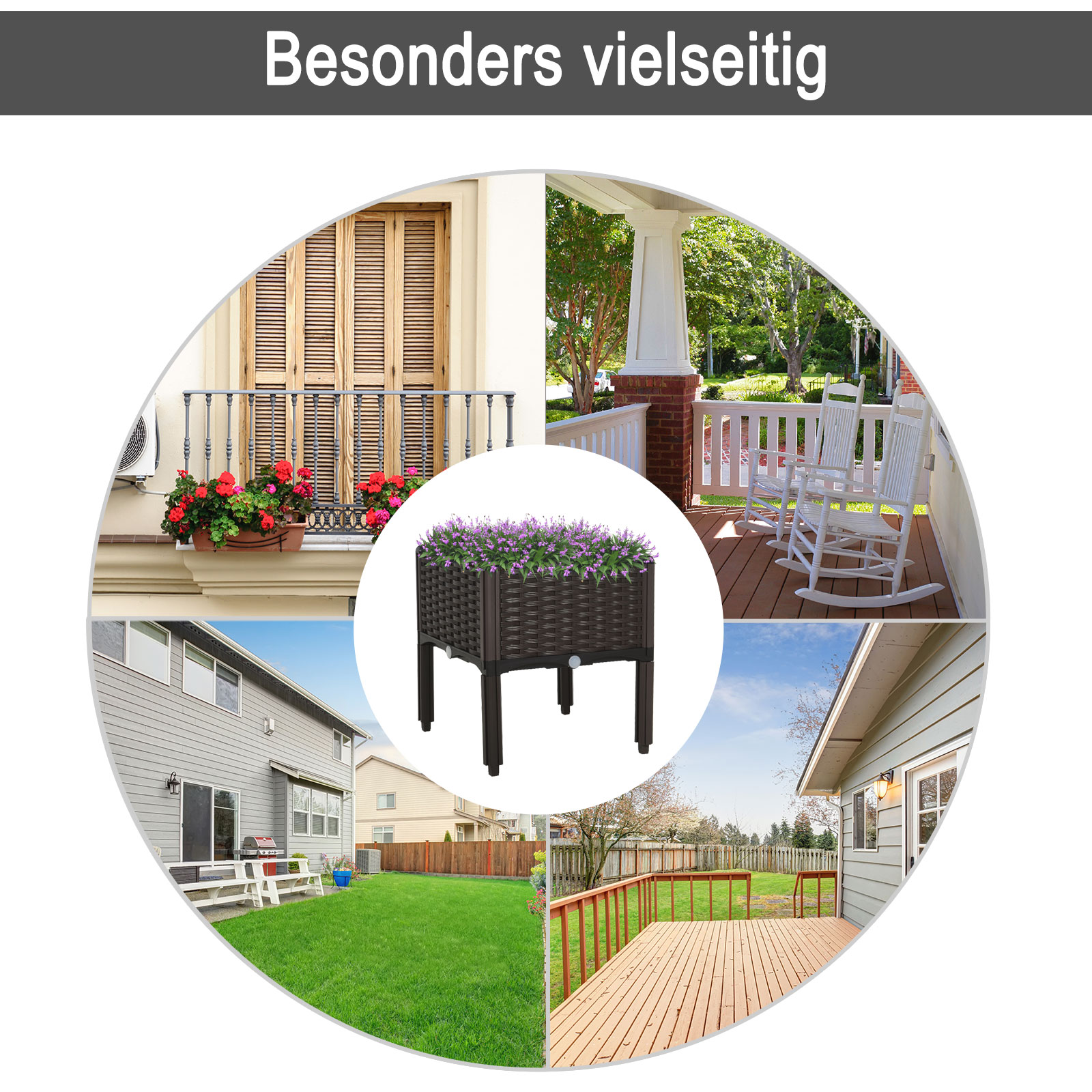 Hochbeet, Pflanzkasten mit Abflusslöchern, Blumenkasten im Rattan-Look, Kunststoff, Braun, 40 x 40 x 44 cm