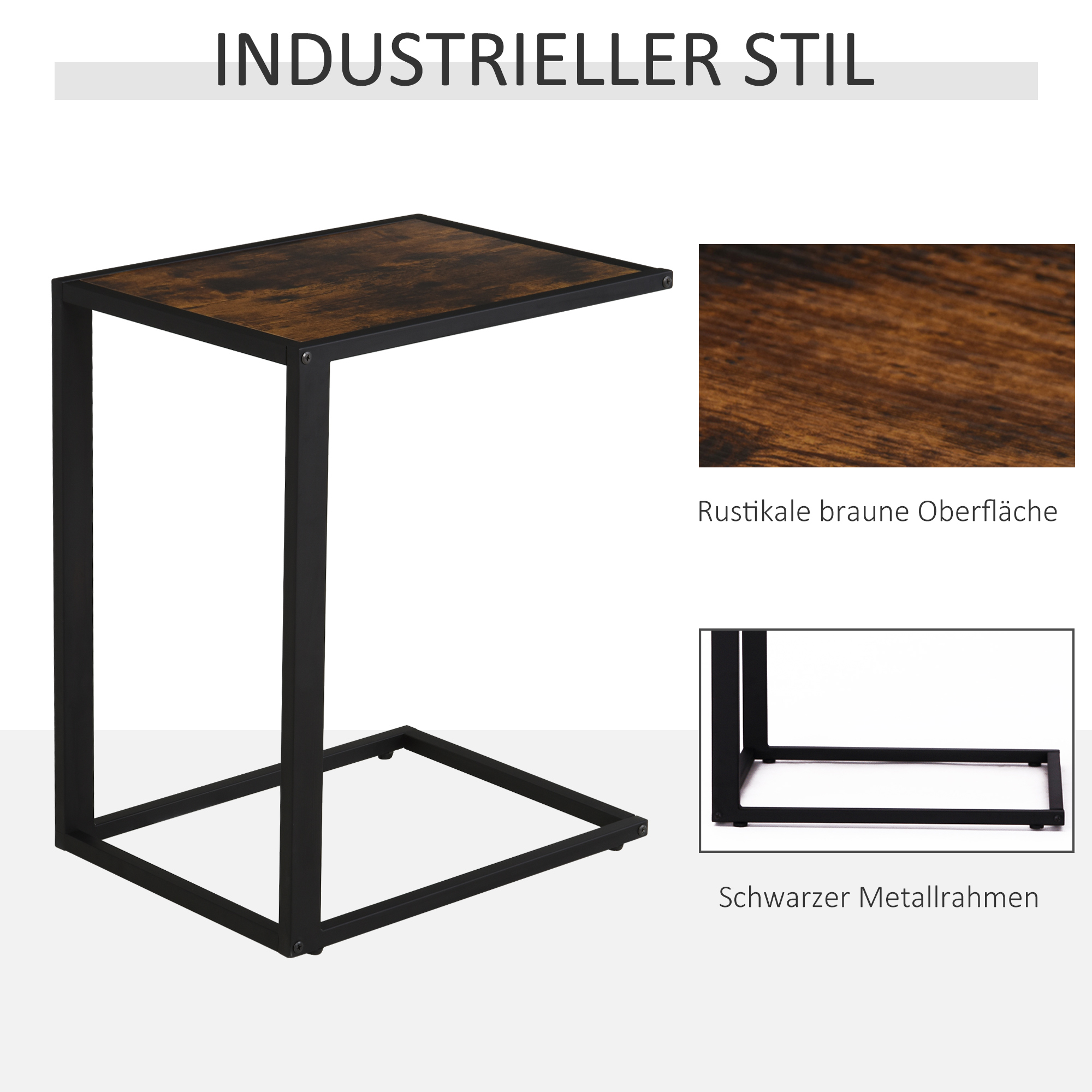 Beistelltisch in C-Form Kaffeetisch Couchtisch Laptoptisch für Schlafzimmer und Wohnzimmer kleiner Bereich mit Metallgestell Industrie-Stil Metall MDF Rustikal-Braun 40,6 x 50,8 X 64,2 cm