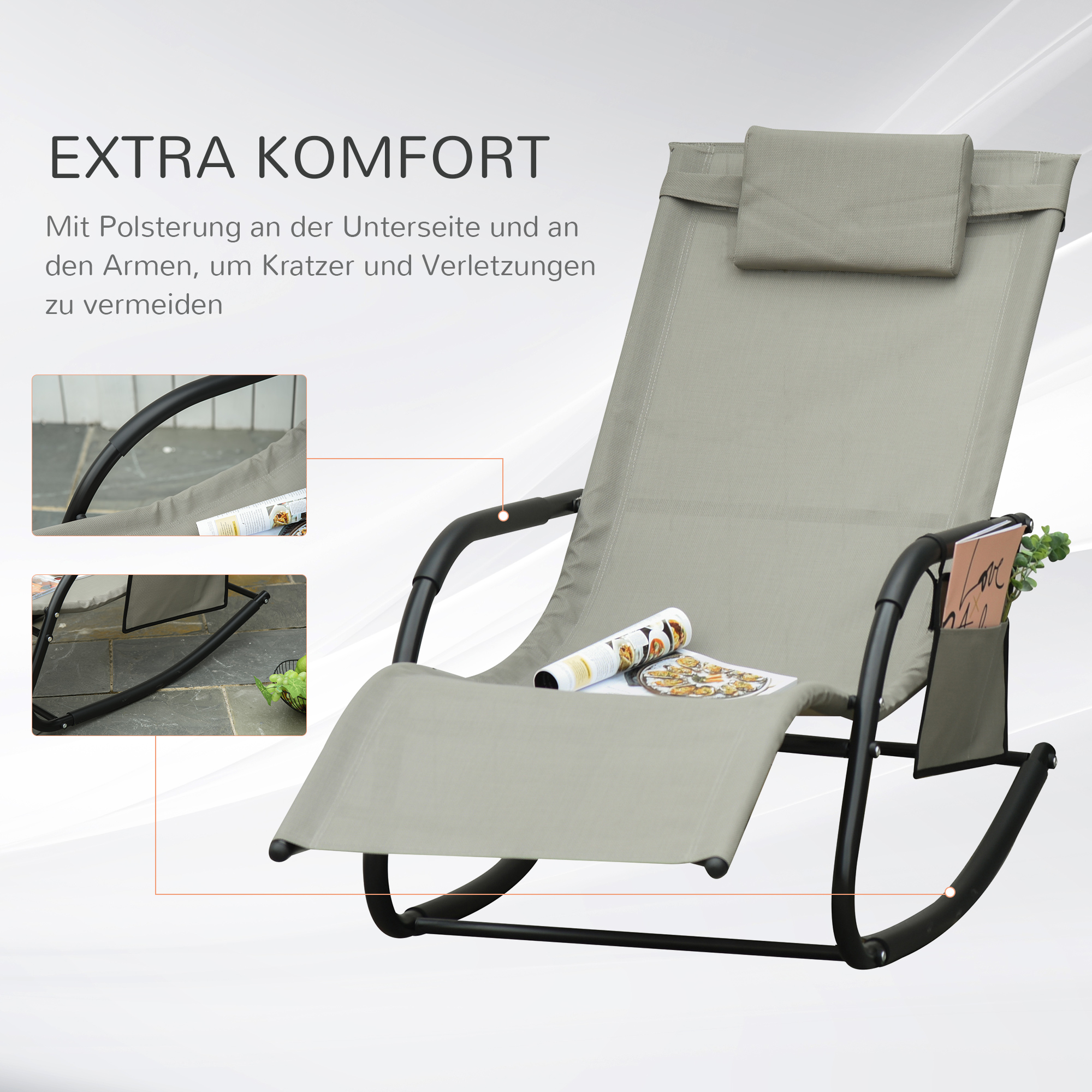 Schaukelstuhl Schwingsessel Gartenstuh Schaukelliege Metall Mesh Schwarz+Hellgrau 150 x 62 x 88 cm