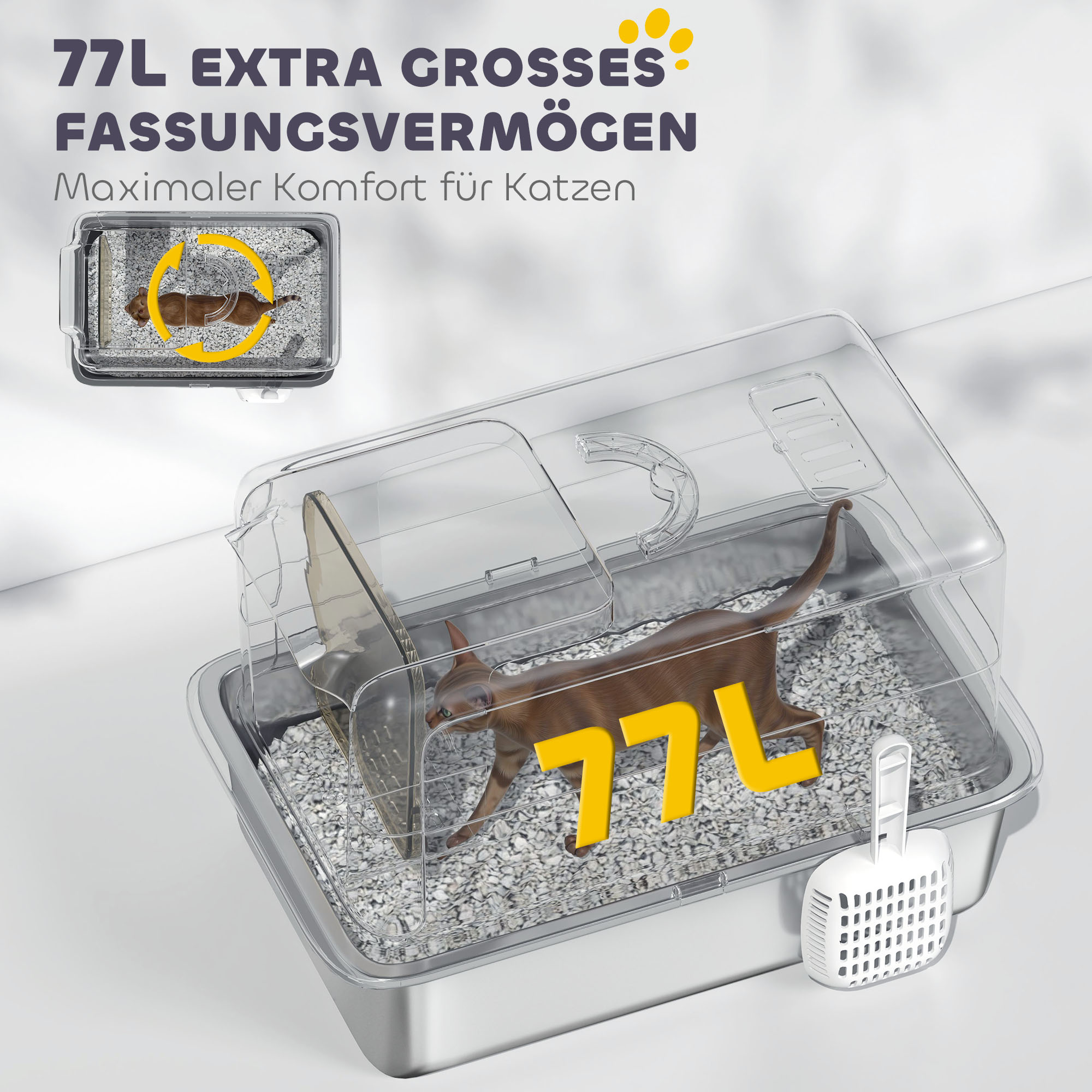 Katzentoilette, Wanne aus Edelstahl, Filter, Schaufel, für Katzen bis 6 kg, 40,5 x 60,5 x 41,5 cm, Grau/Silber