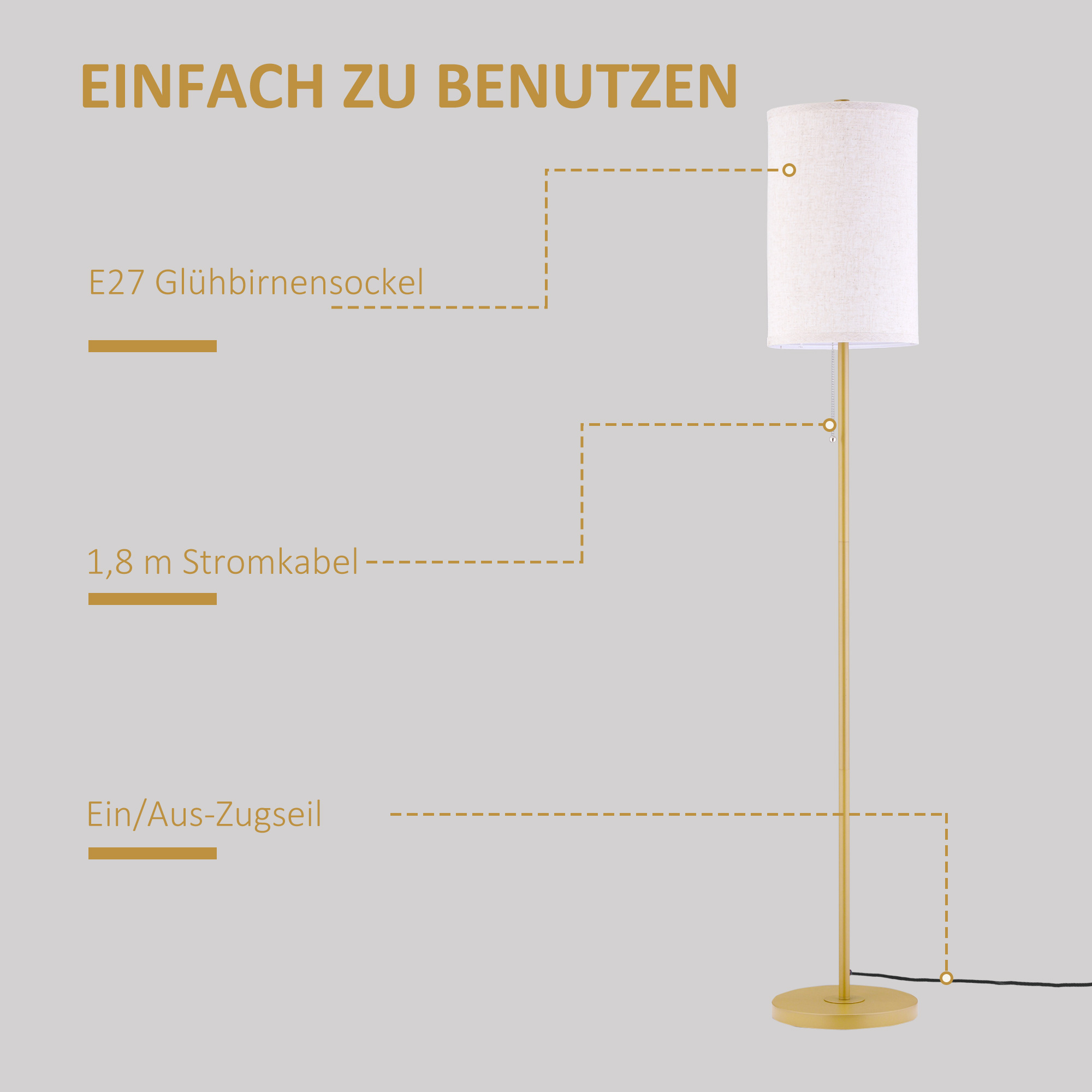 Stehlampe, elegante Stehleuchte aus Stahl mit Stoffschirm, Wohnzimmerlampe, Zugkettenschalter, gold+weiß
