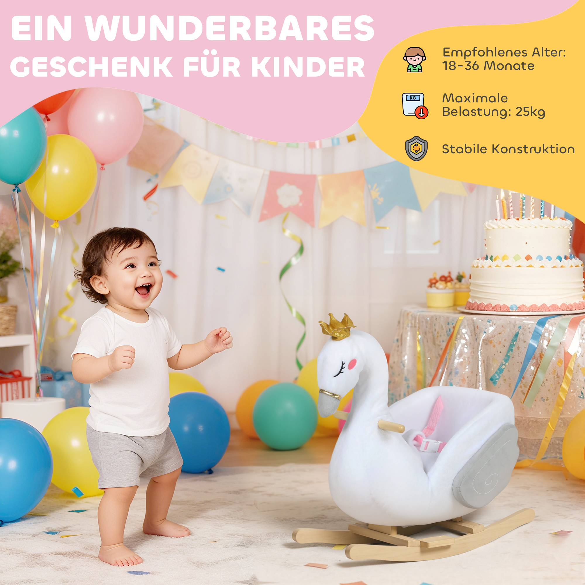 Schaukeltier, Schwan-Schaukel mit Schlaflied, weicher Füllung, Holzrahmen, für Kinder 1,5-3 Jahre, 65x40x68 cm, Weiß