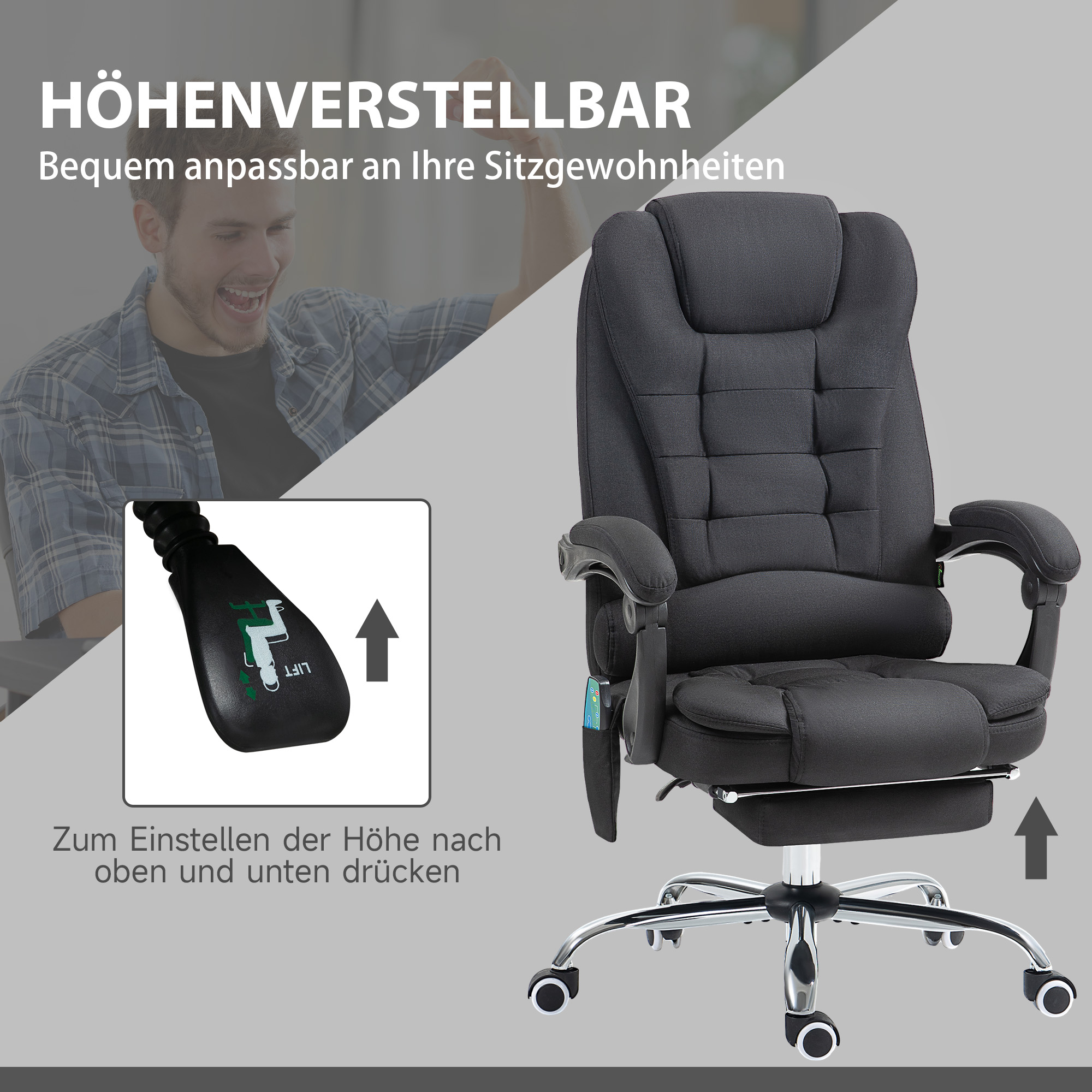 Bürostuhl mit Massagefunktion, Ergonomischer Schreibtischstuhl mit Liege- & Wärmefunktion, höhenverstellbar, Schwarz