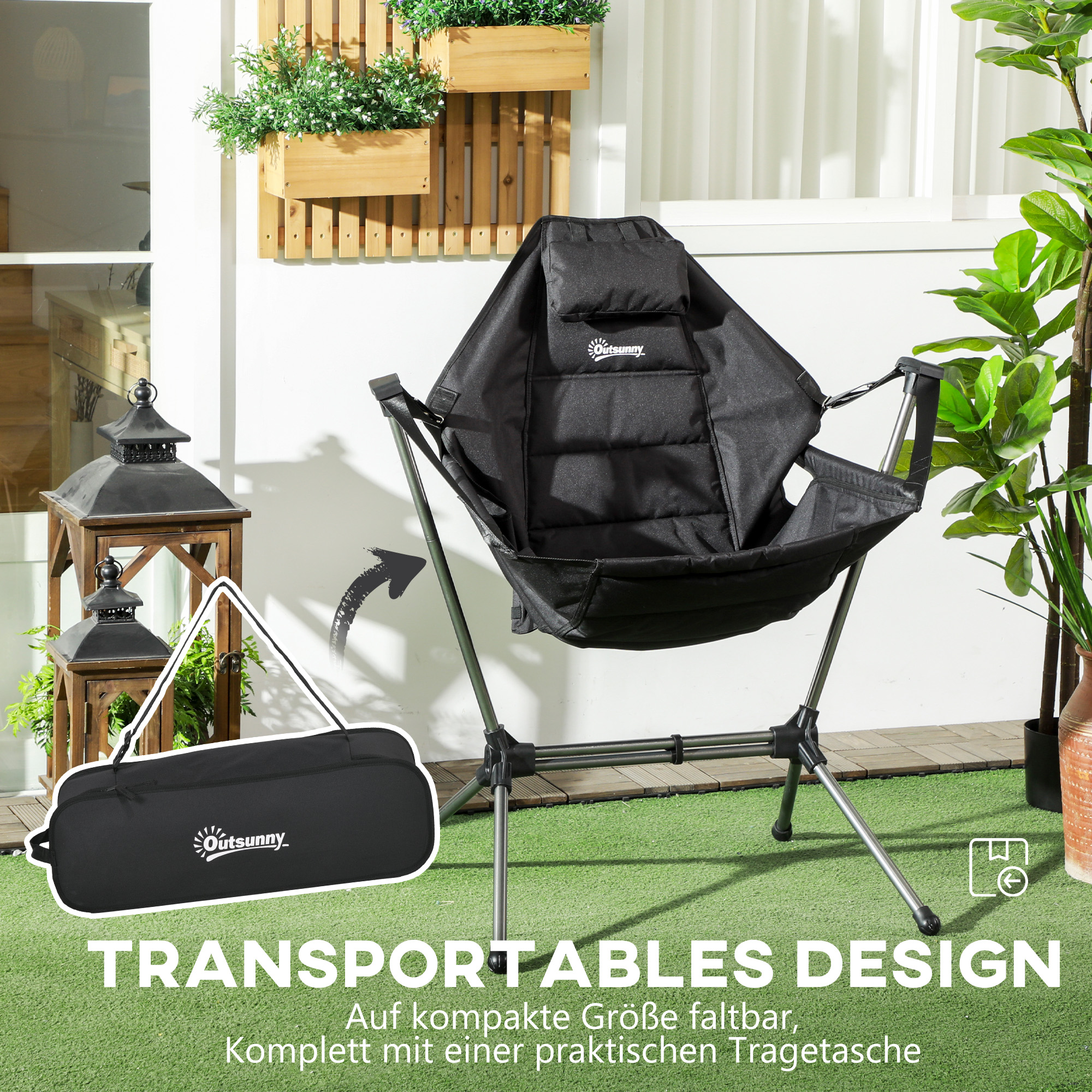 Camping-Schaukelstuhl, faltbar, verstellbare Rückenlehne, Aluminiumrahmen, 54 x 100 x 101cm, Schwarz