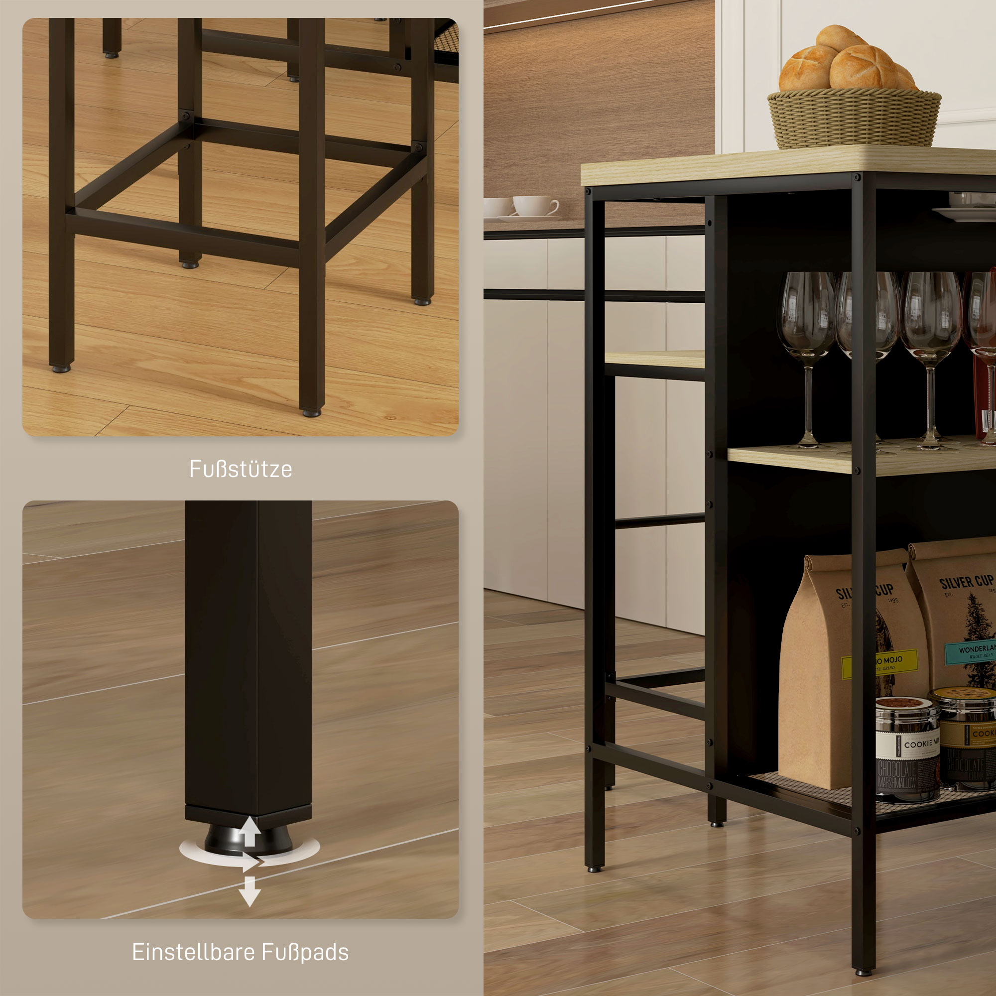 Bar-Set, 2 Barstühle & 1 Bartisch, fleckenresistent, stabil, Stahlrahmen, Schwarz/Eiche