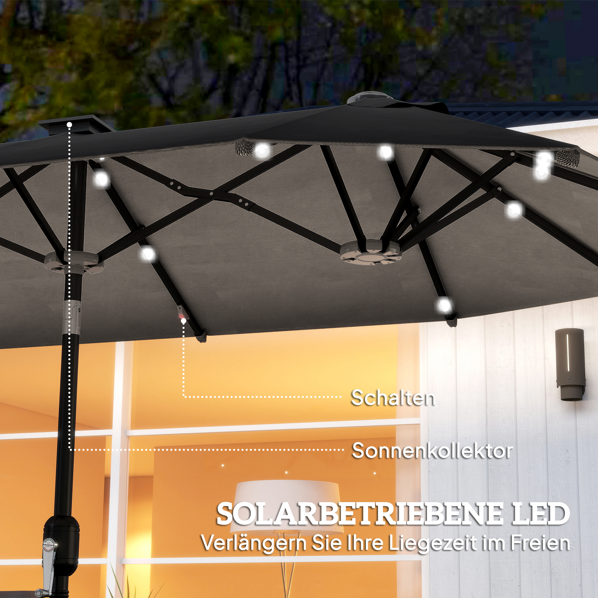 Doppelschirm, Terrassenschirm, neigbar, mit Solarpaneel, 35 LEDs, Stahlrahmen, grau, 2,92 x 1,50 x 2,18 m
