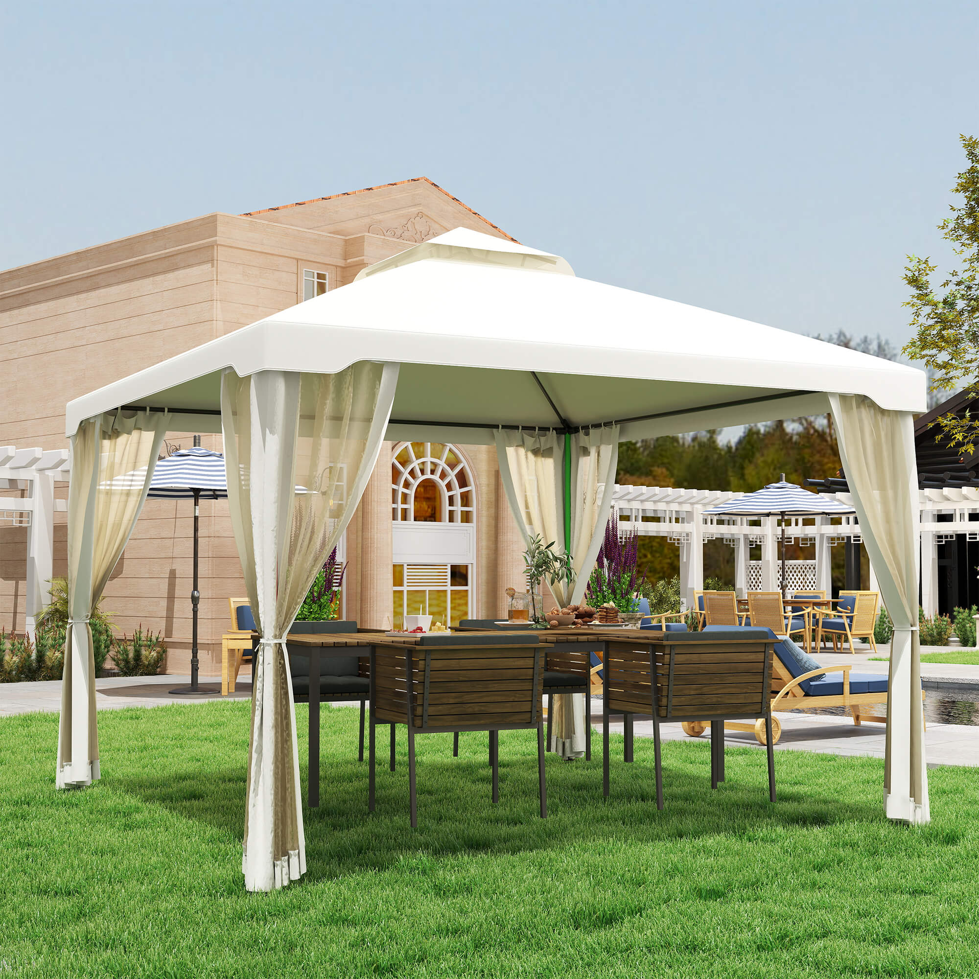 Pavillon mit Doppeldach, ca, 3x3 m Wasserdicht Stabil Winterfest Gartenpavillon mit Moskitonetz, Seitenteile, Garten-Pavillon aus Metall, für Garten, Terrasse, Cremeweiß
