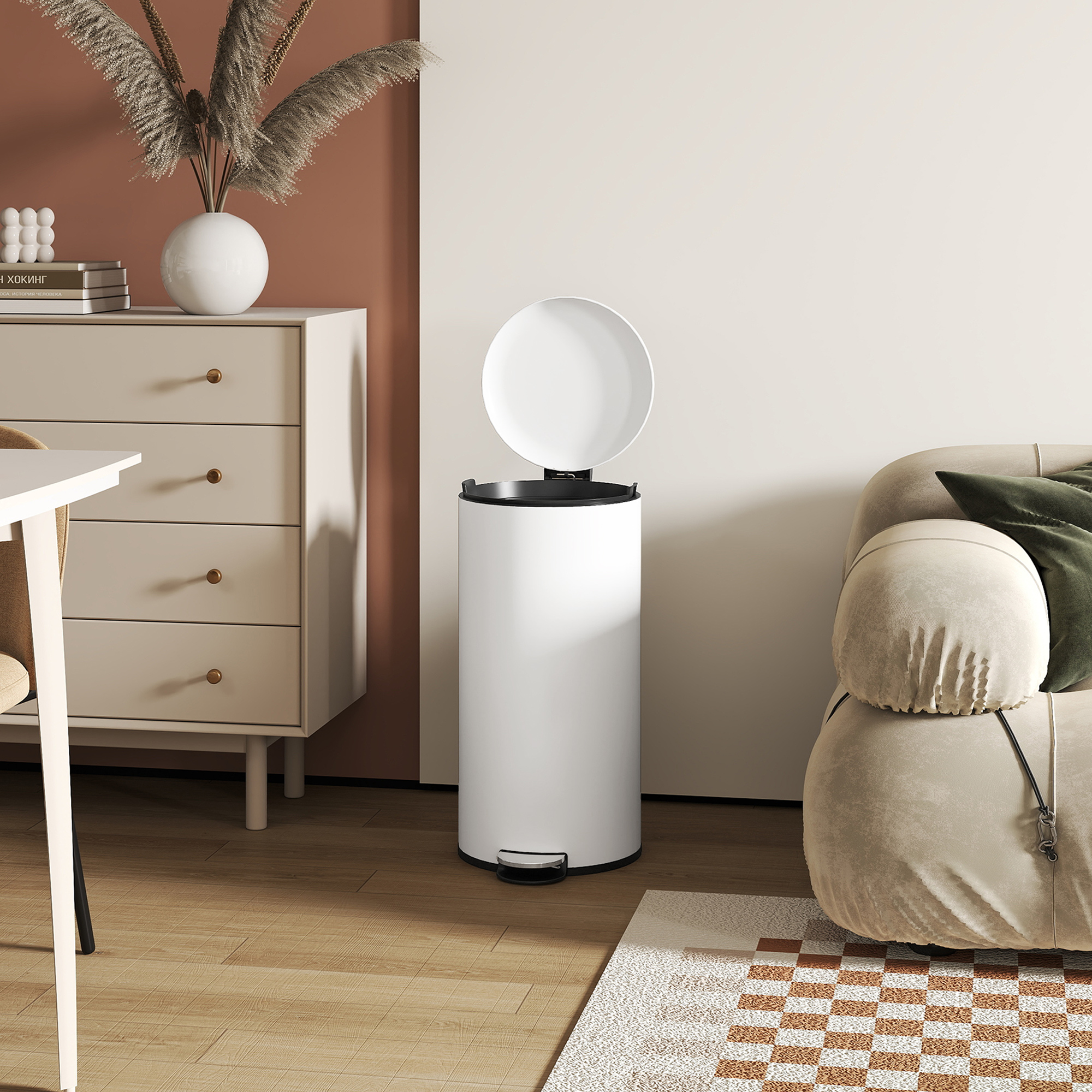 Mülleimer 30L, Treteimer, einrastbarer Deckel, Pedal, fleckenresistent, Cremeweiß