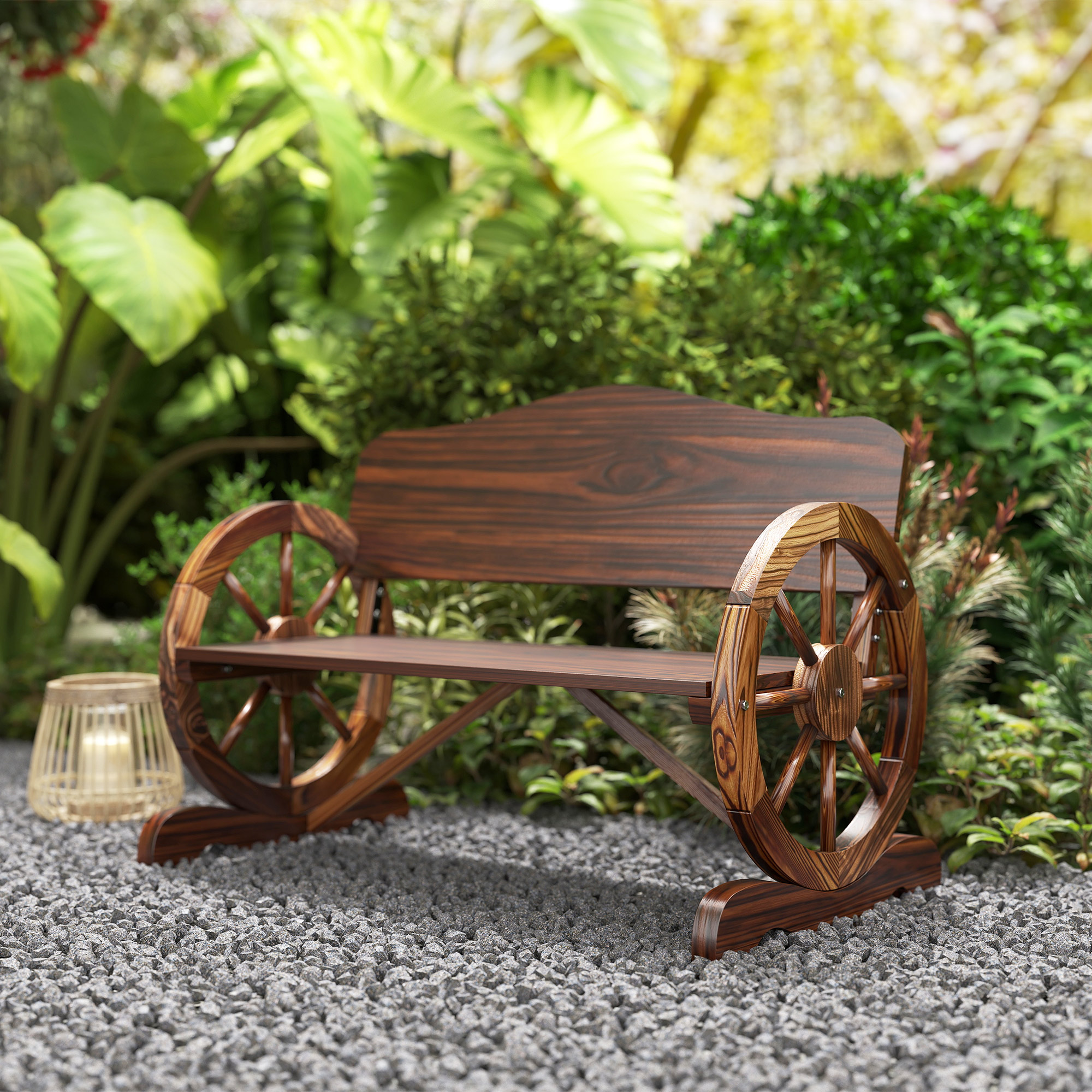 2-Sitzer Gartenbank mit Rad-Armlehnen, Rustikale Outdoor-Bank für Terrasse, Veranda, Fichtenholz, Braun