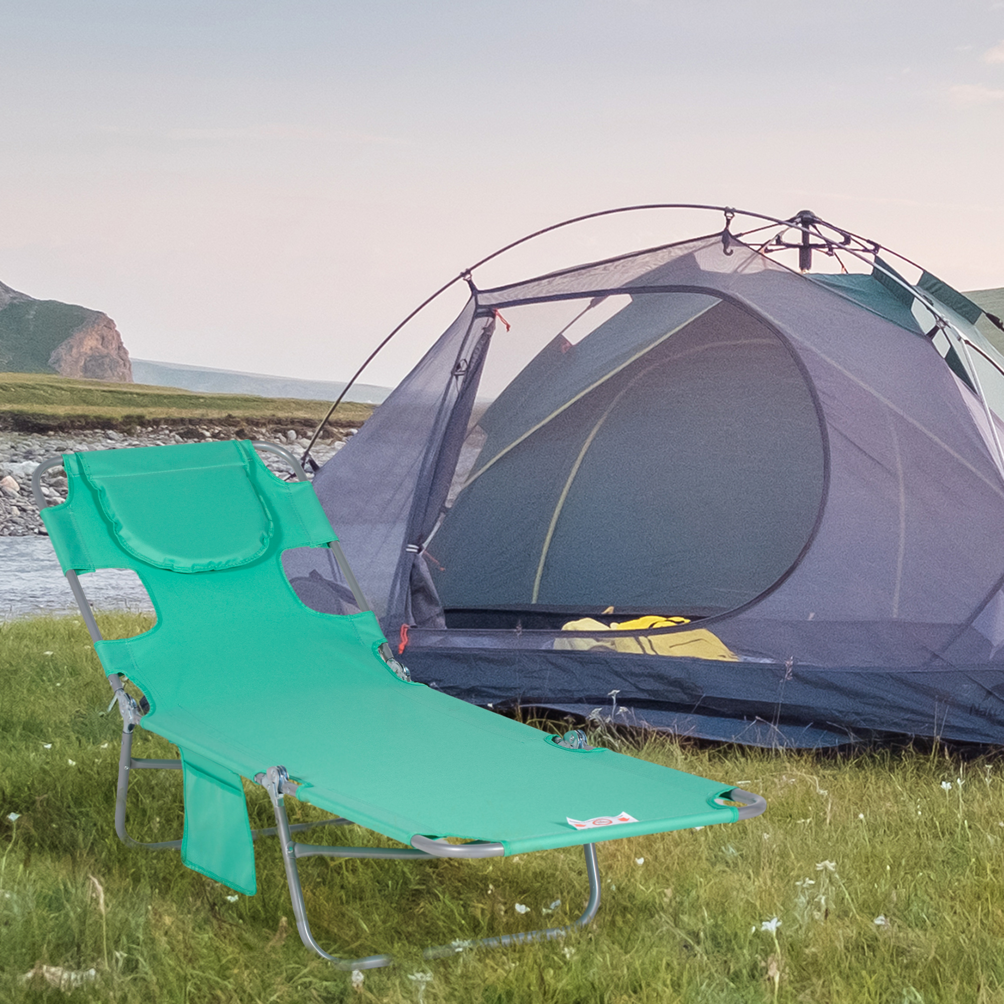 Gartenliege, Liegestuhl mit gepolsterter Gesichtsöffnung, Massage-Liege für draußen, Seitentasche, Stoff, Metall, Grün