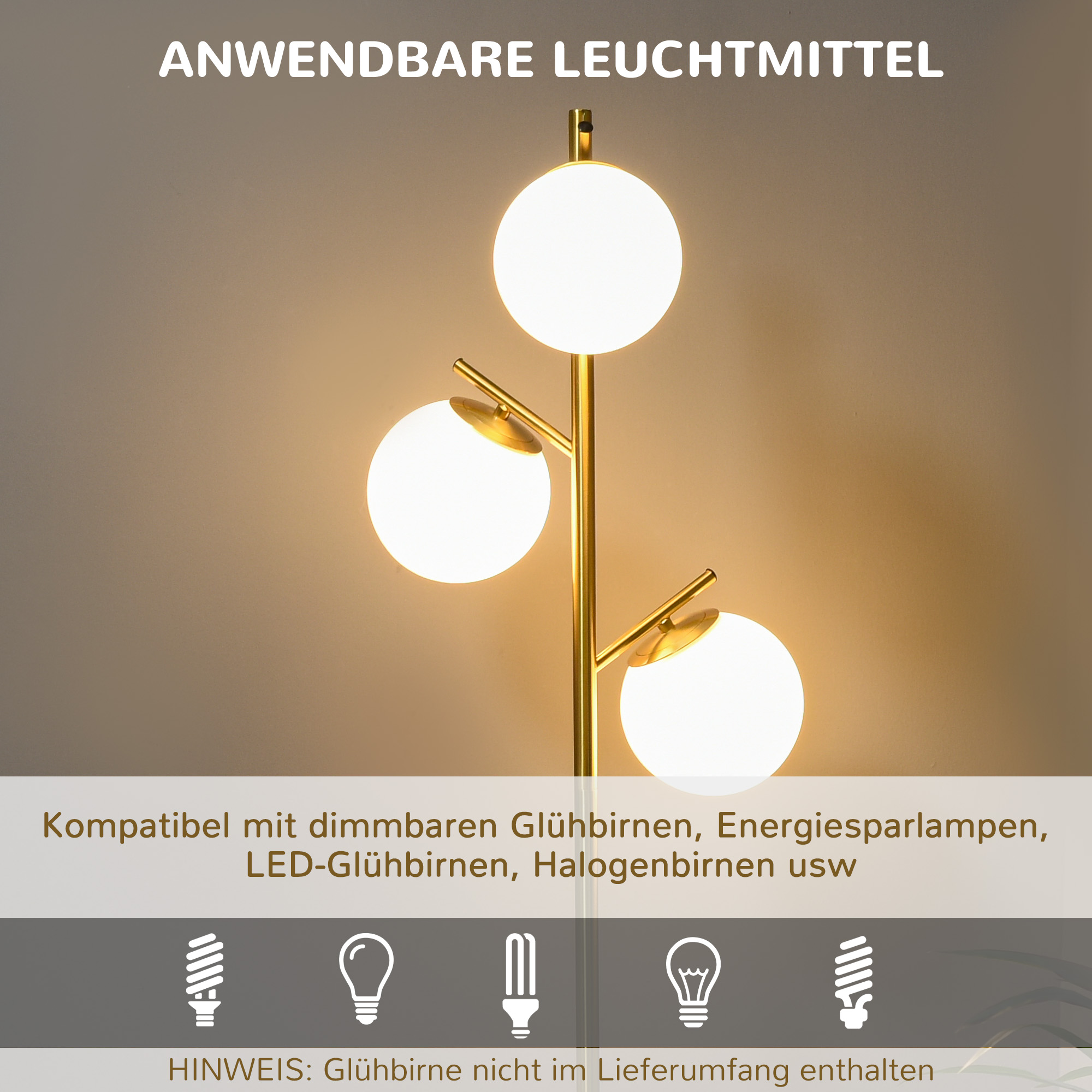 Stehleuchte im Retro-Design, Stehlampe, Stehlampe mit 3 Lampenschirmen, Glas, Gold