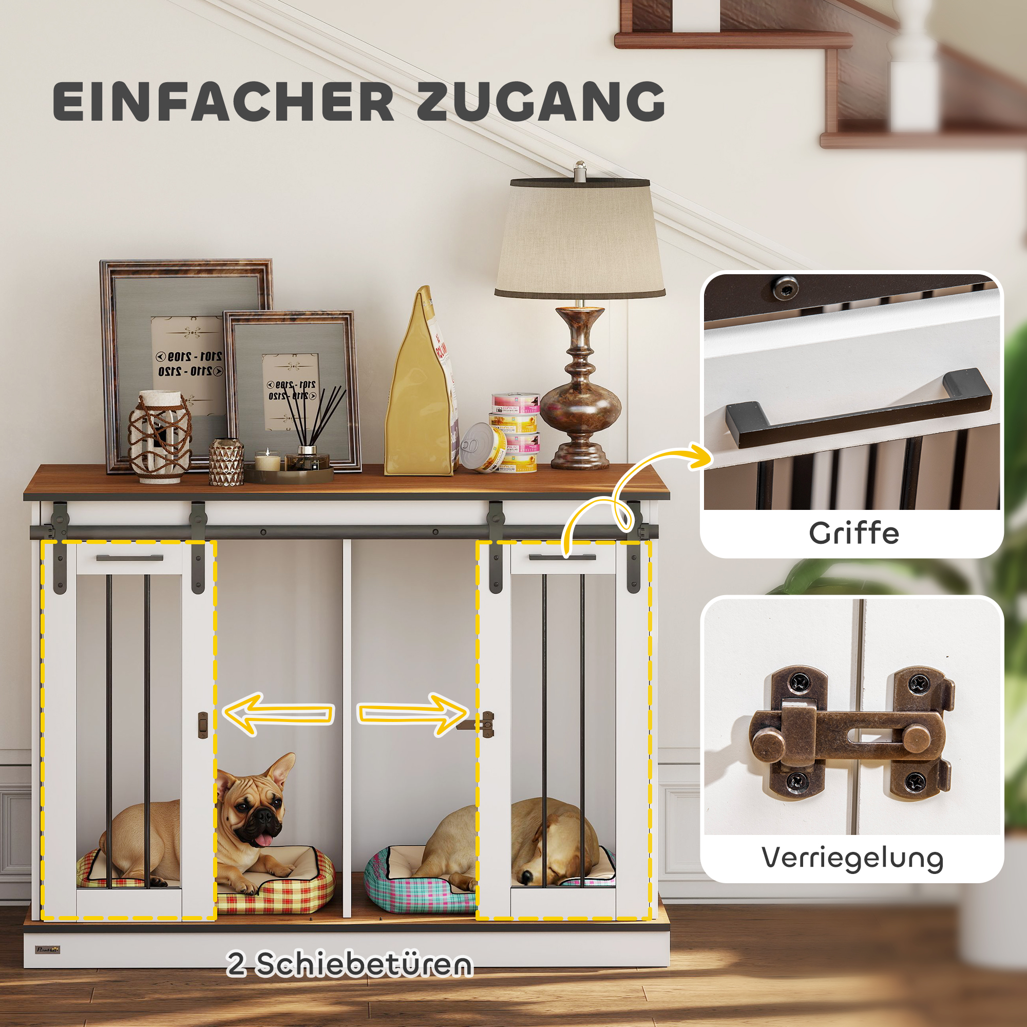 Hundekäfig mit 2 Türen, Hundebox, Transportbox für Hunde, rustikales Design, verriegelbar, Weiß