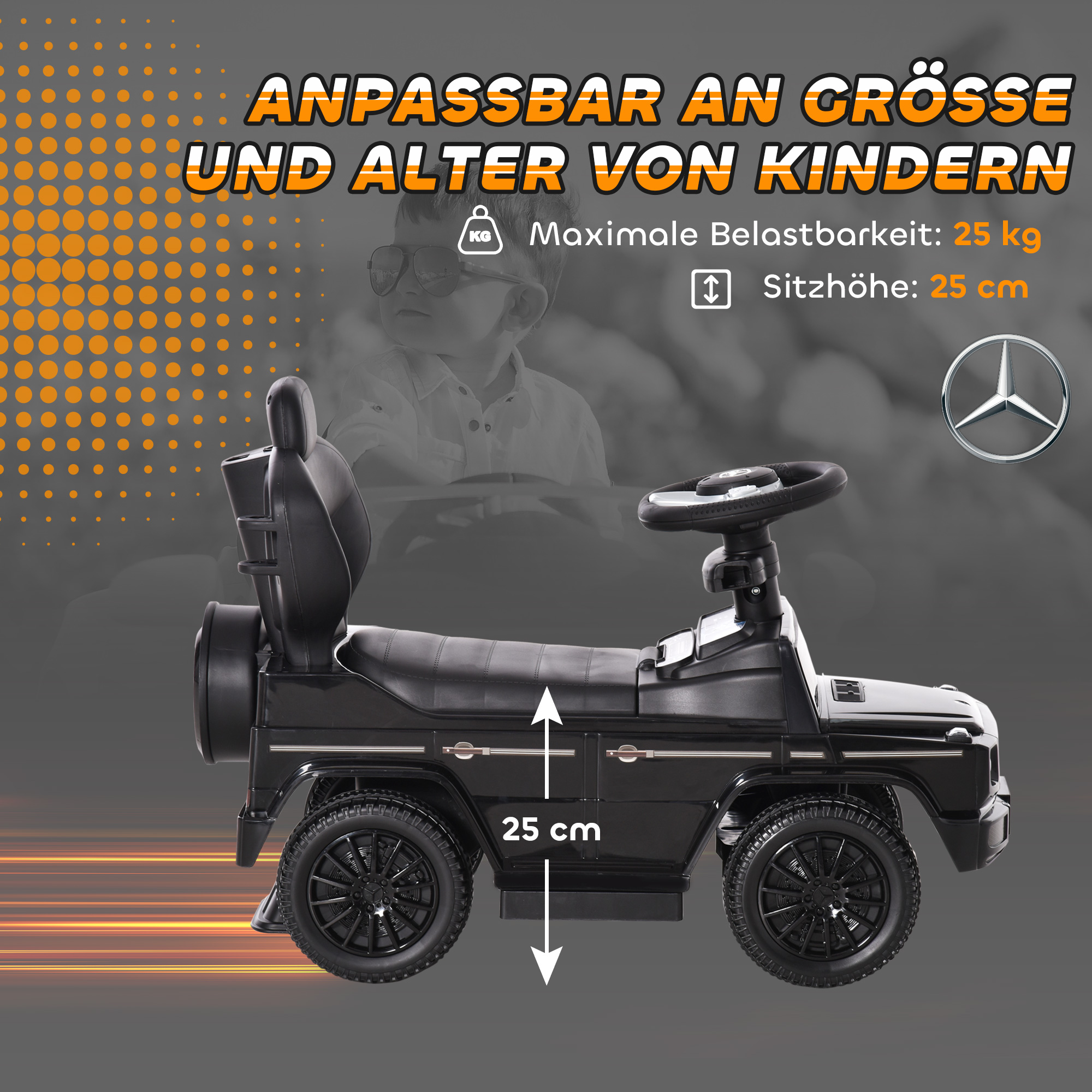 Rutschauto mit Schiebstange Mercedes-Benz G350 Rutschfahrzeug mit Lenkrad 3-in-1 Schiebeauto für 18-36 Monate Kinder Schwarz
