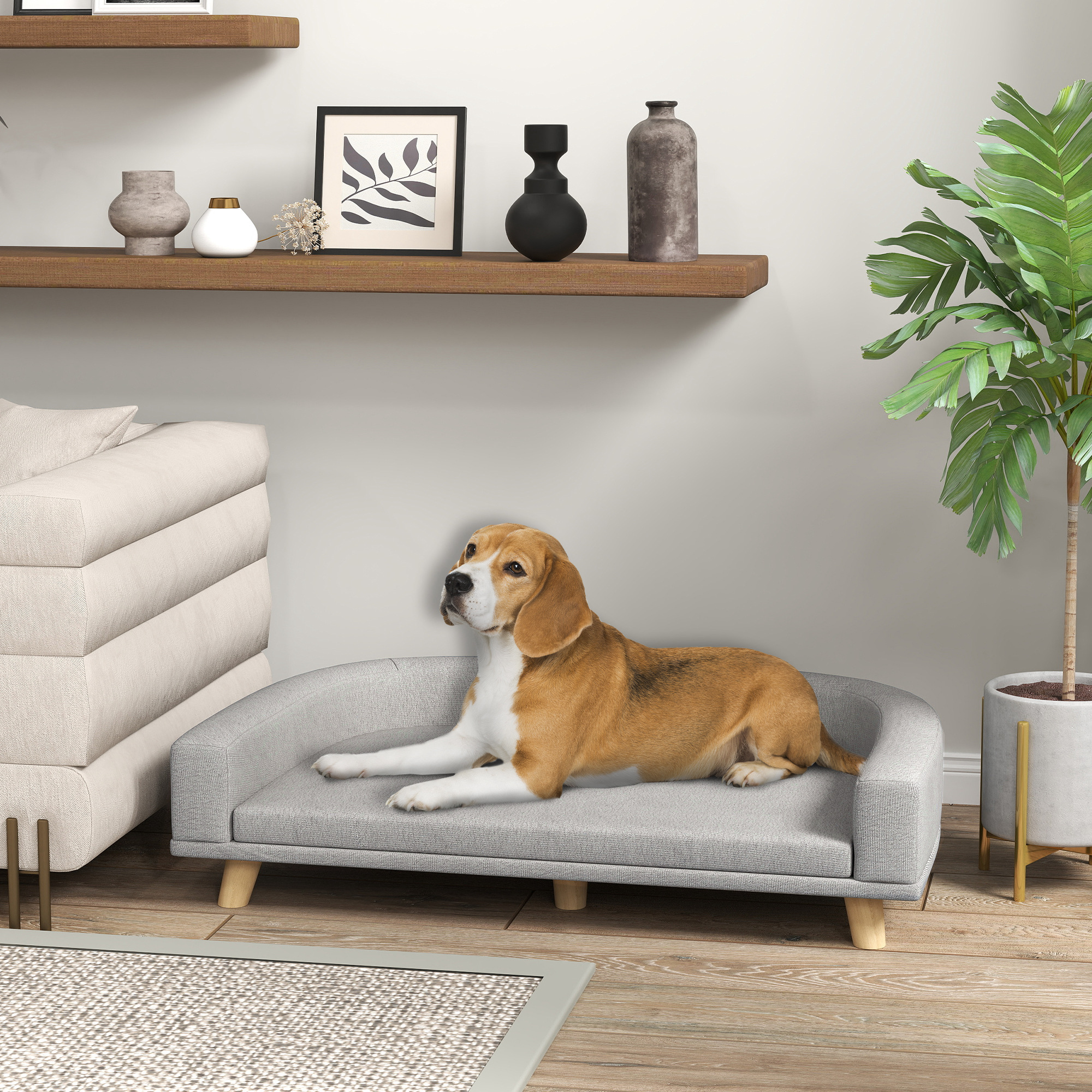 Hundesofa für große Hunde bis 30 kg, gepolsterte, Kiefernholzbeine, 98 x 67 x 25 cm, Grau