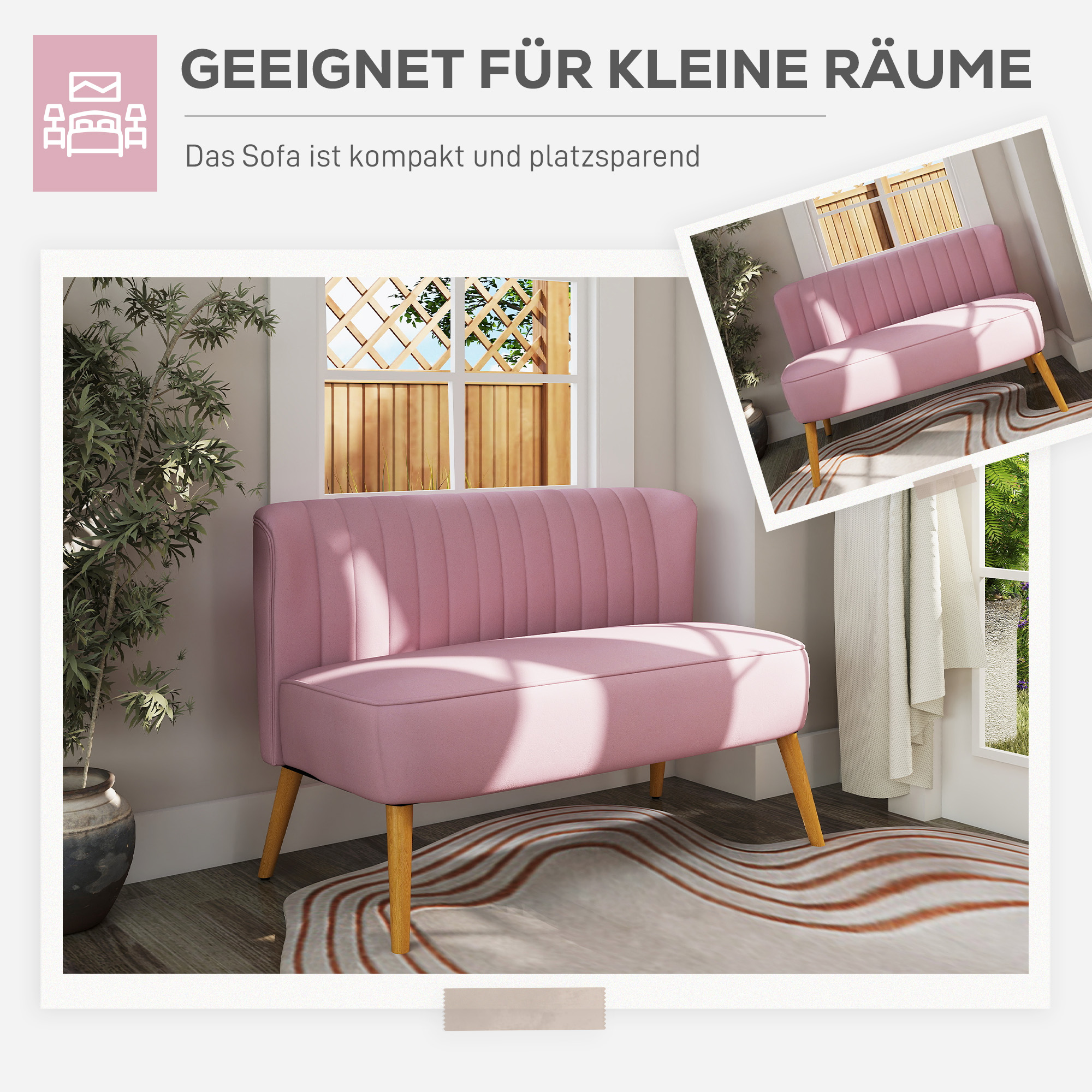 2-Sitzer Stoffsofa Polstersofa Doppelsofa Sitzmöbel Loungesofa Holz Samtartiges Polyster Schaumstoff Rosa 117 x 56,5 x 77 cm