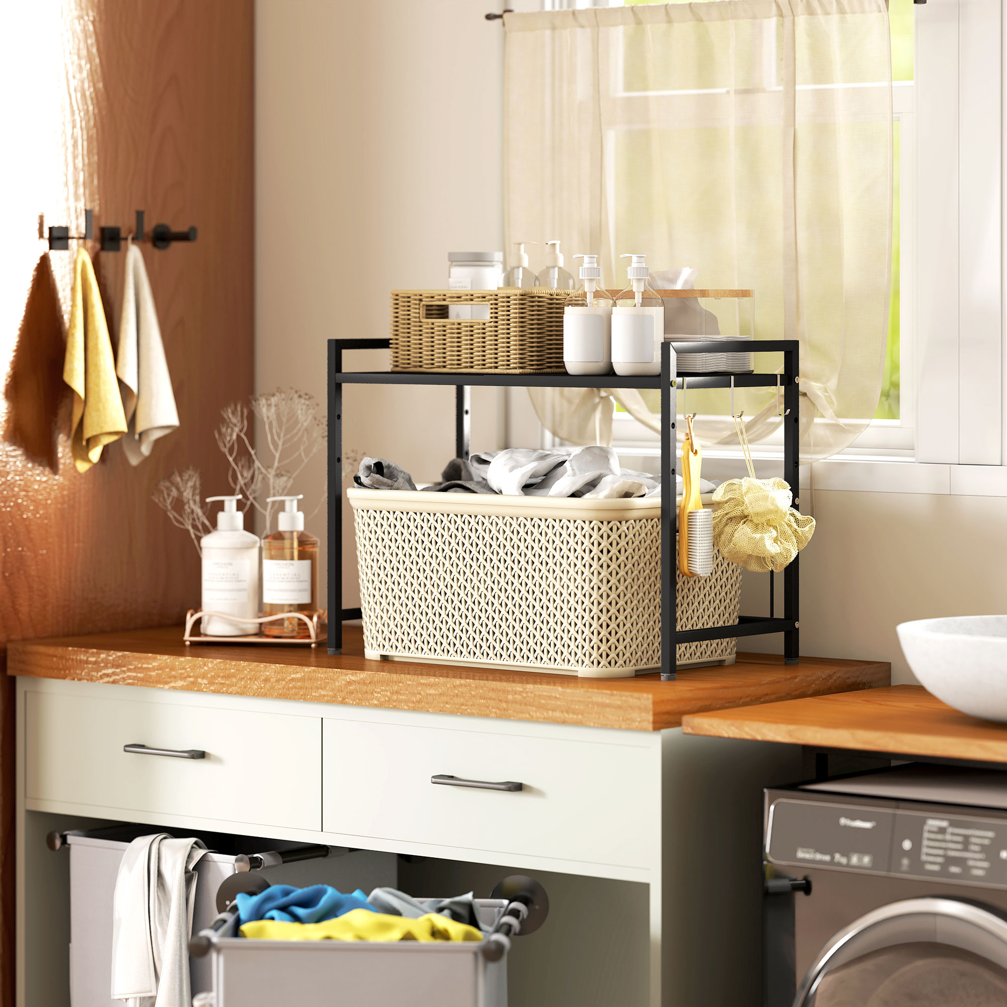 Mikrowellenregal, 3 Haken, ausziehbar, Metall, 40 cm hoch, Schwarz