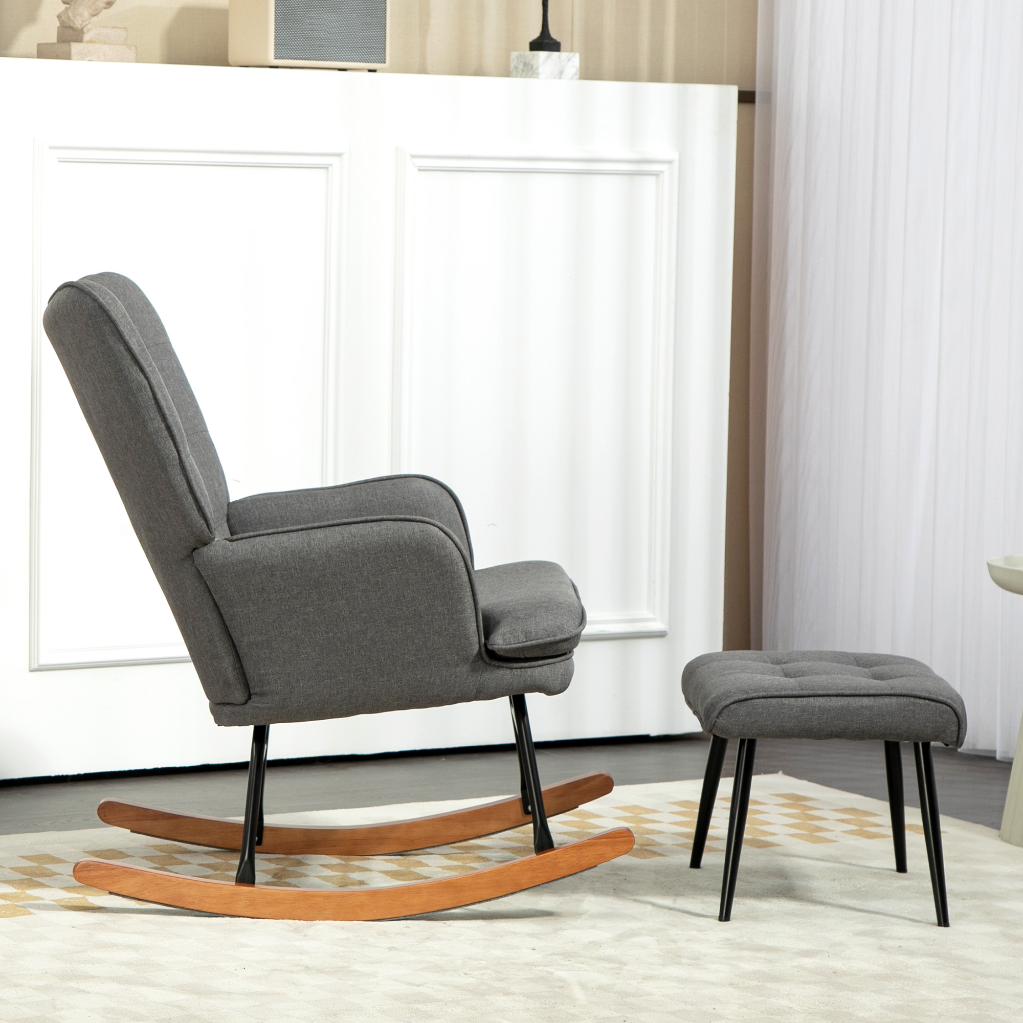 Schaukelstuhl mit Hocker, komfortabel, bis 130 kg, Leinenoptik, 64x89x90cm, Dunkelgrau