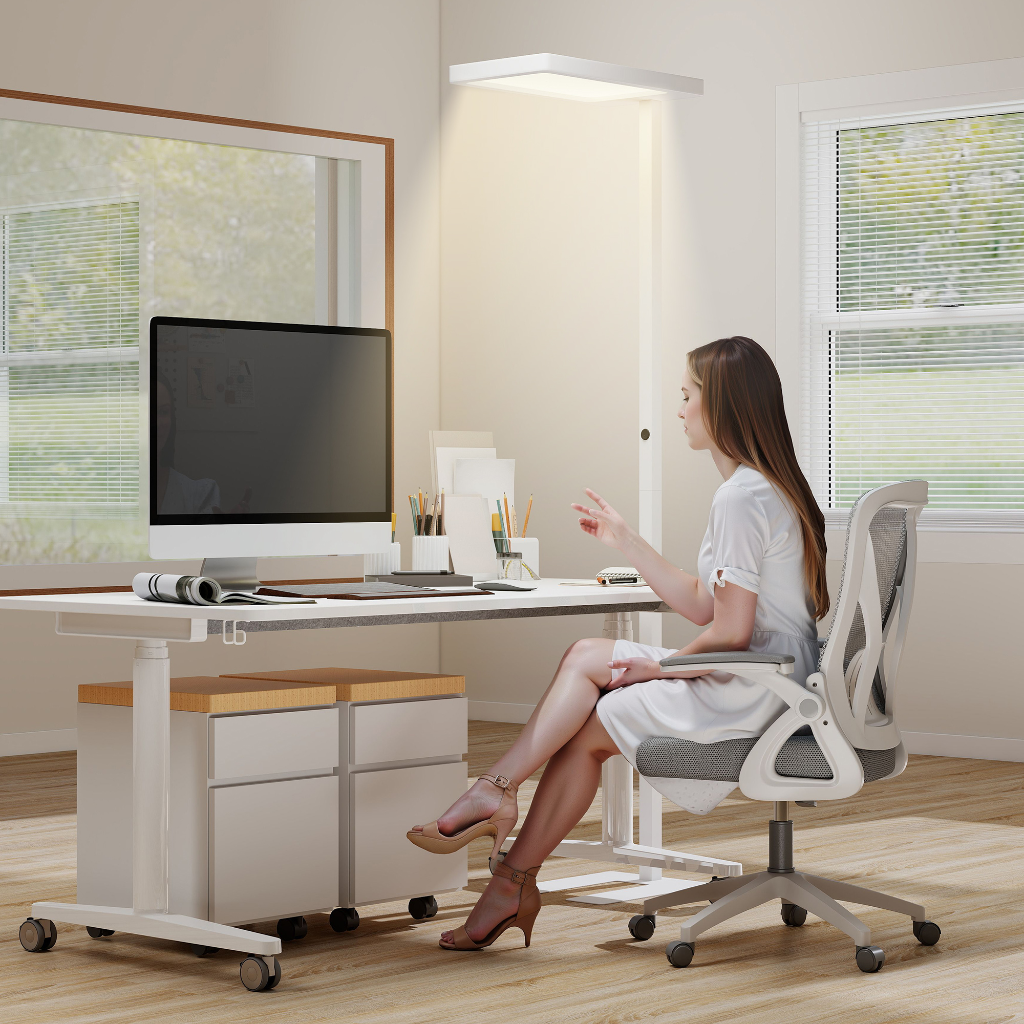 LED-Stehlampe, augenschonendes Licht, Bodenlampe mit Fernbedienung, anpassbare Helligkeit, Kunststoff, Metall, Weiß