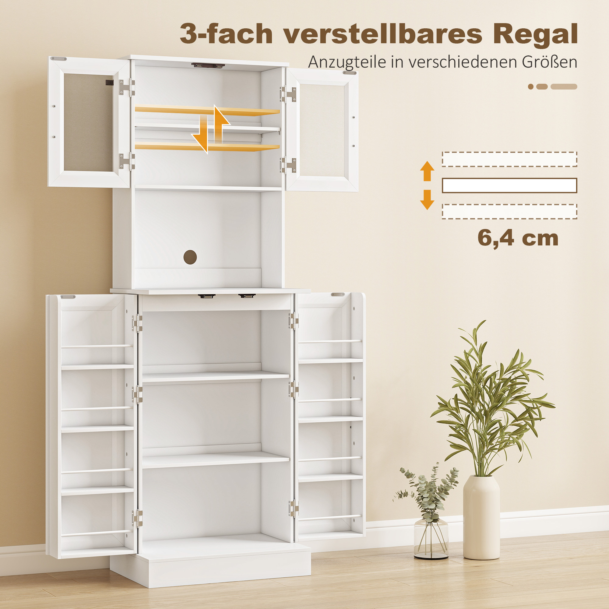 Küchenschrank, verstellbares Regal, Arbeitsplatte, Acryltüren, Kabelloch, für Wohnzimmer, Küche, Esszimmer, MDF, Weiß