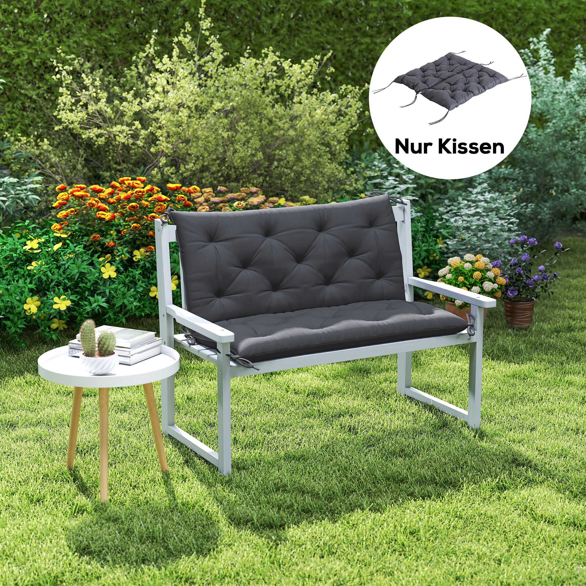 2 Sitzer Bankauflage 100 x 98 x 8 cm Sitzkissen mit Bändern Rückenkissen für Indoor/Outdoor Polster Auflage für Sitzbank Gartenbank Gartenmöbel Hollywoodschaukeln Dunkelgrau