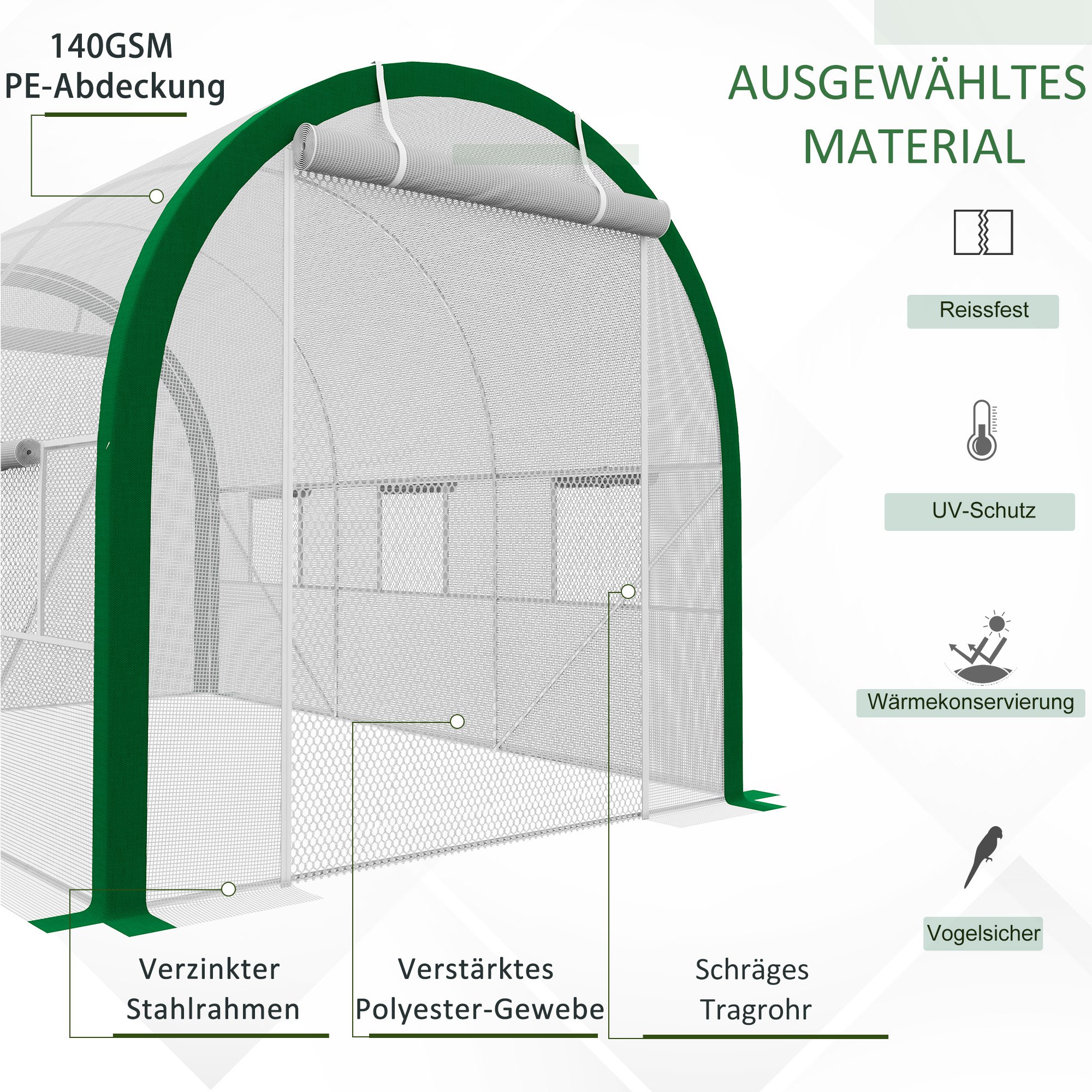 Tunnel-Gewächshaus, Treibhaus, Reißverschlusstüren, Netzfenster, Metallrahmen, 3,5 x 2 x 2m, Weiß