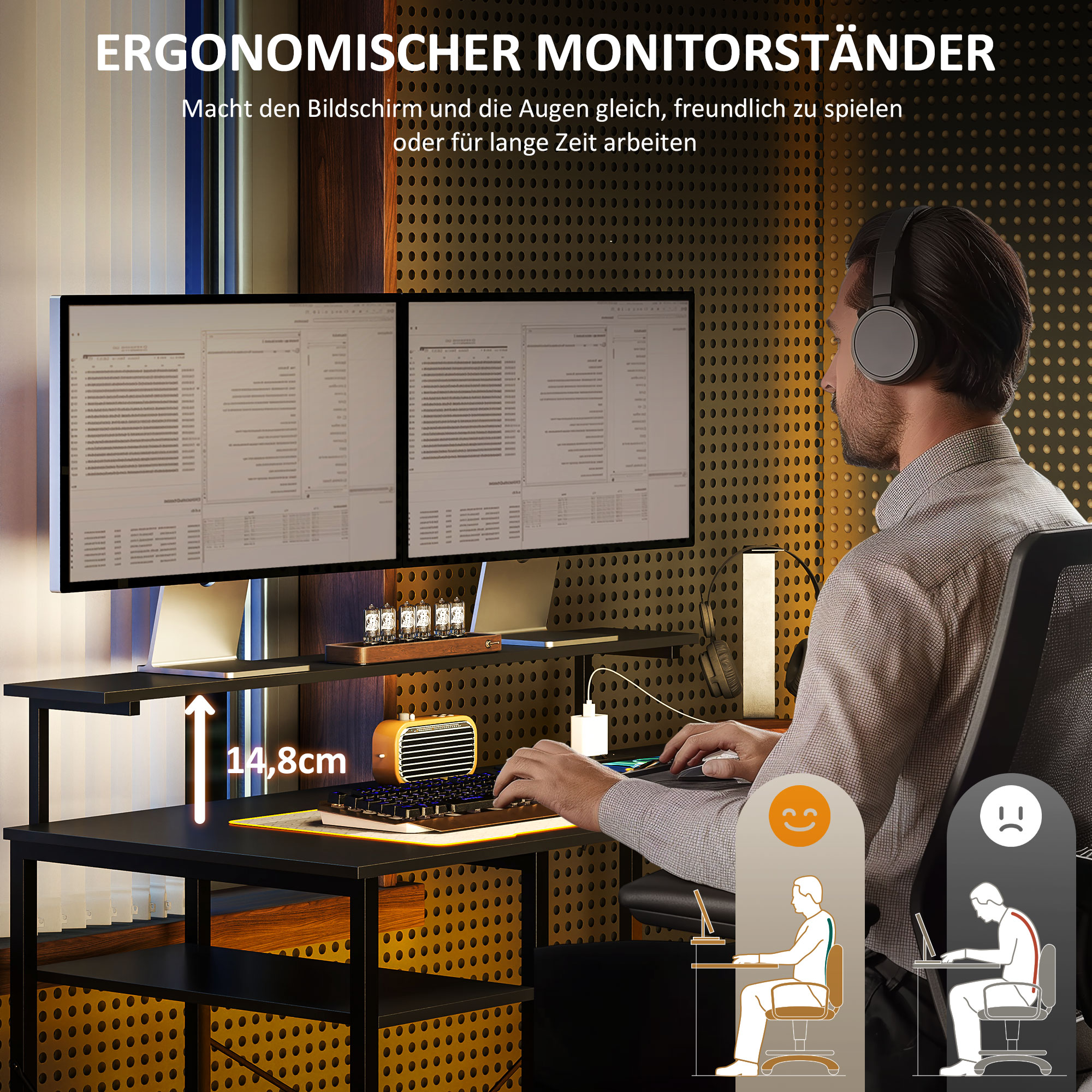 L-förmiger Schreibtisch mit Ladestation, Eck-Computertisch mit Monitorständer und Regalen, für Homeoffice, Büro, Schwarz