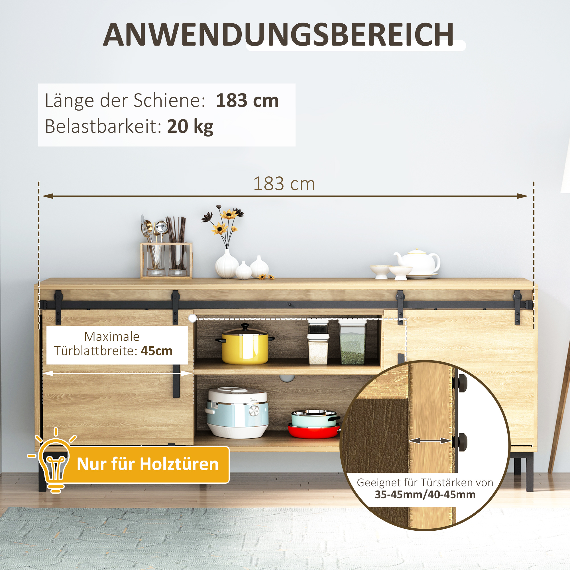 183 cm Schiebetür Komplettset Schiebetürsystem mit Bodenführung, Schiebetür Laufschiene, Laufrollen Schiebetürbeschlag aus Kohlenstoffstahl für Doppelschiebetür
