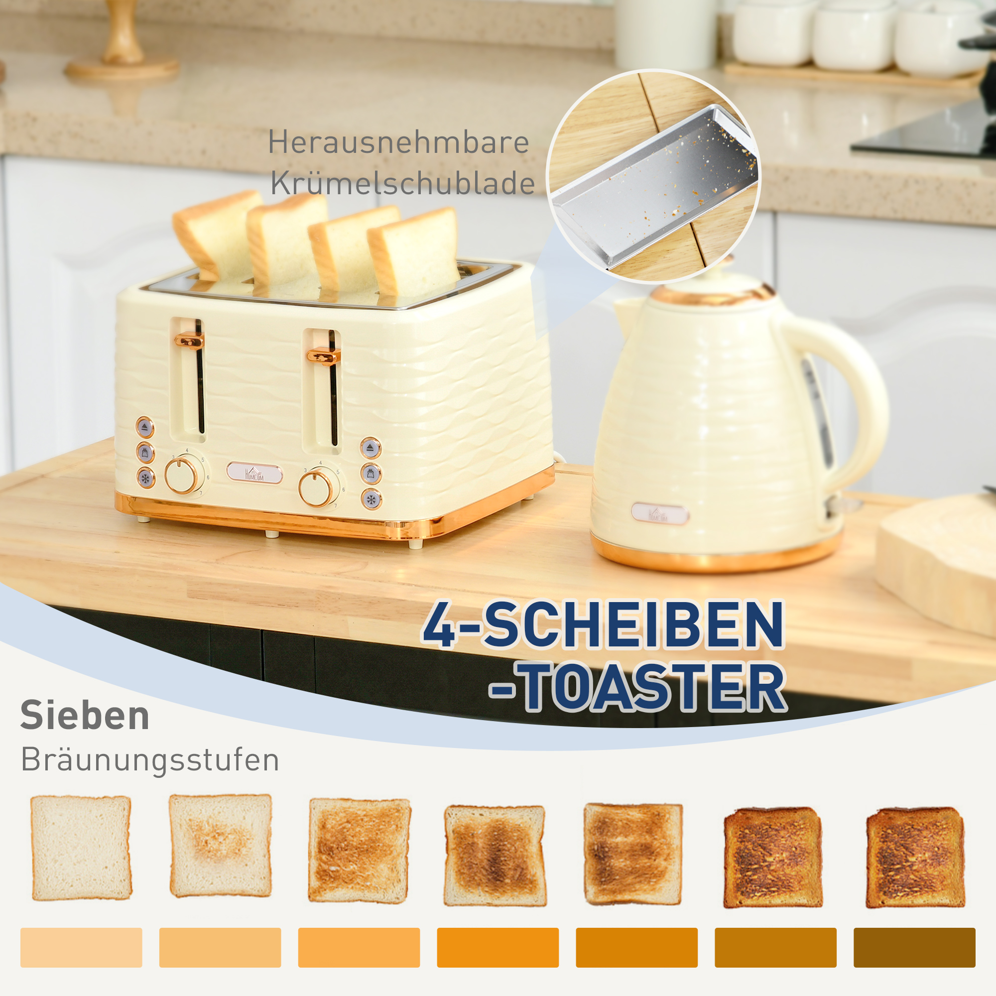 2-in-1 Toaster- und Wasserkocher-Set, 7 Bräunungsstufen, Auftau- und Aufwärmfunktion, Beige