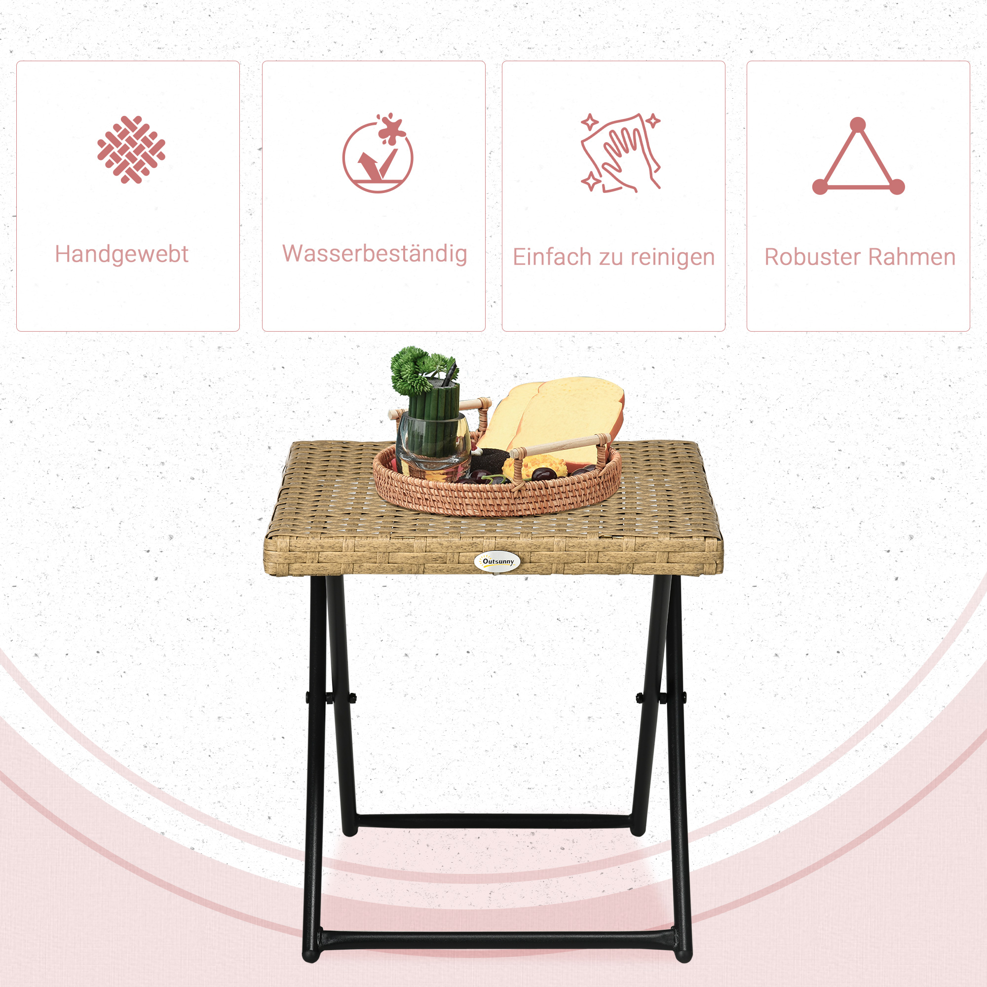 Polyrattan Balkontisch, klappbar, Stahlrahmen, pflegeleicht, 40x40x40 cm, Natur