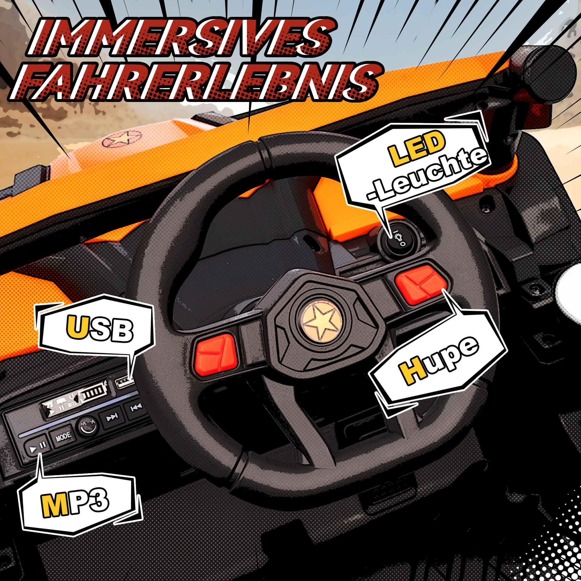 12V Elektroauto für Kinder, Fernbedienungsfunktion, Gurt, Hupe, LED-Lichter, USB-Port, für 3-5 Jahre, Orange