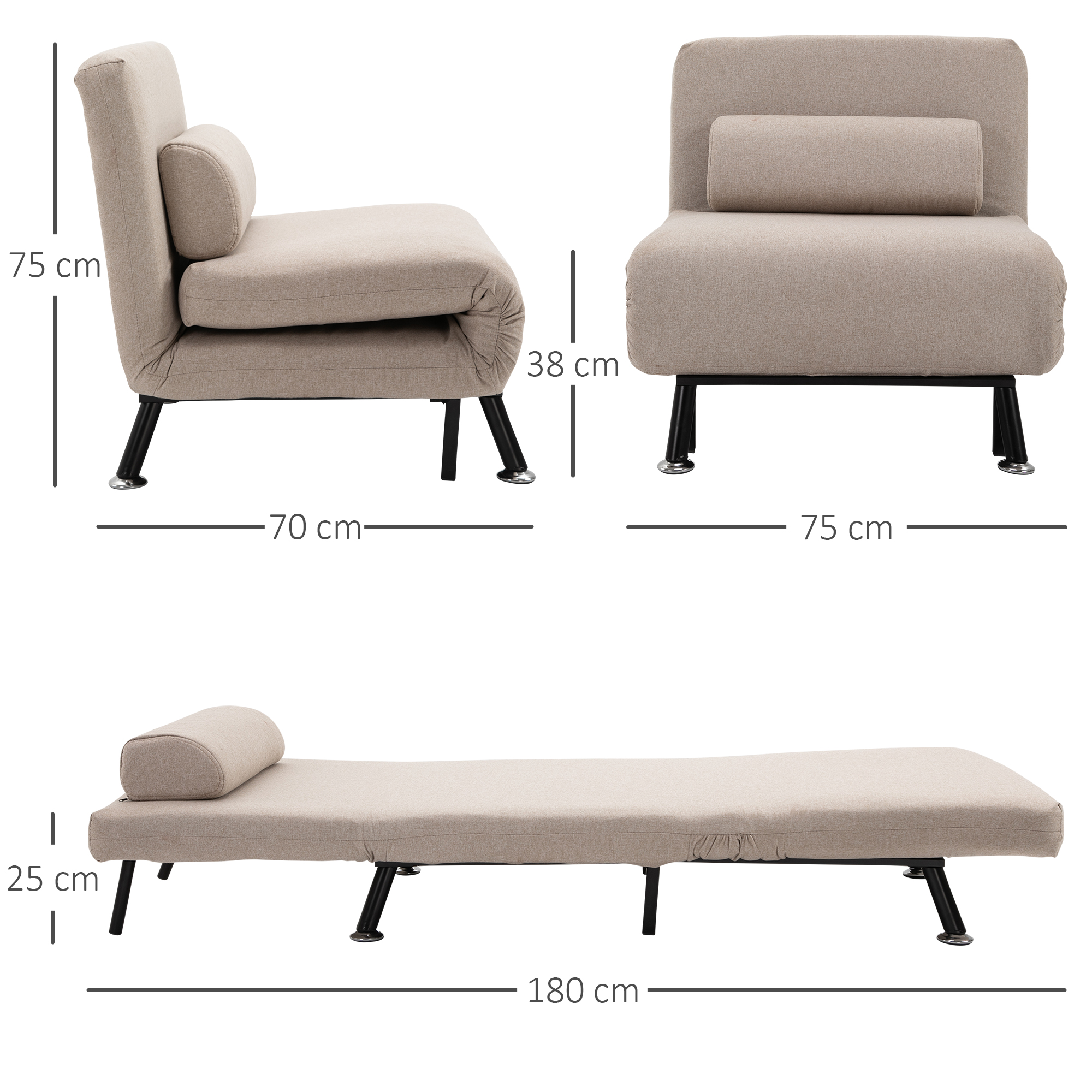 Klappsessel mit Bettfunktion, klappbarer Relaxsessel in Leinenoptik, Verstellbare Rückenlehne, 75 x 70 x 75 cm, Beige