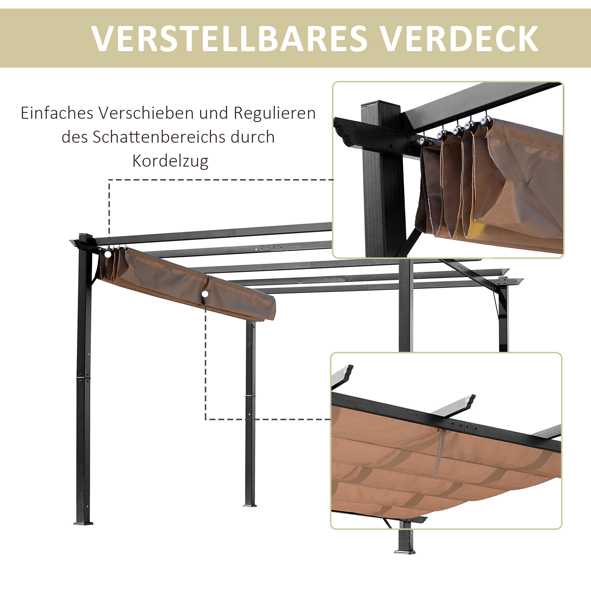 Pergola Pavillon mit einstellbarem Stoffdach 3 x 4 m Terrassen-Vordach Aluminium Sonnenschutz Überdachung Terrasse Garten Grau+Braun