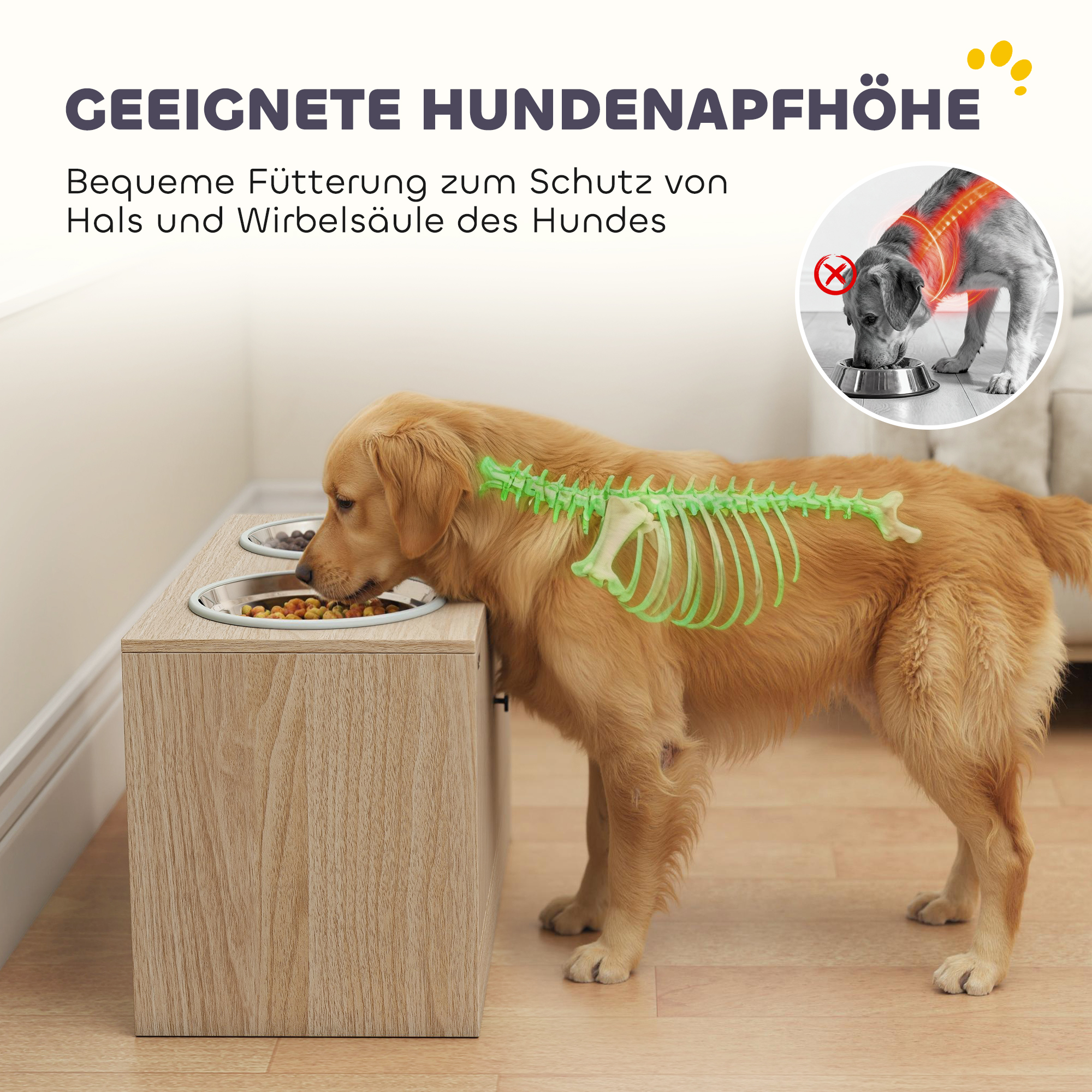 Hundefutterstation mit 2 Edelstahl-Näpfen, Schrank für Utensilien, für große Hunde, Zubehör, Holz