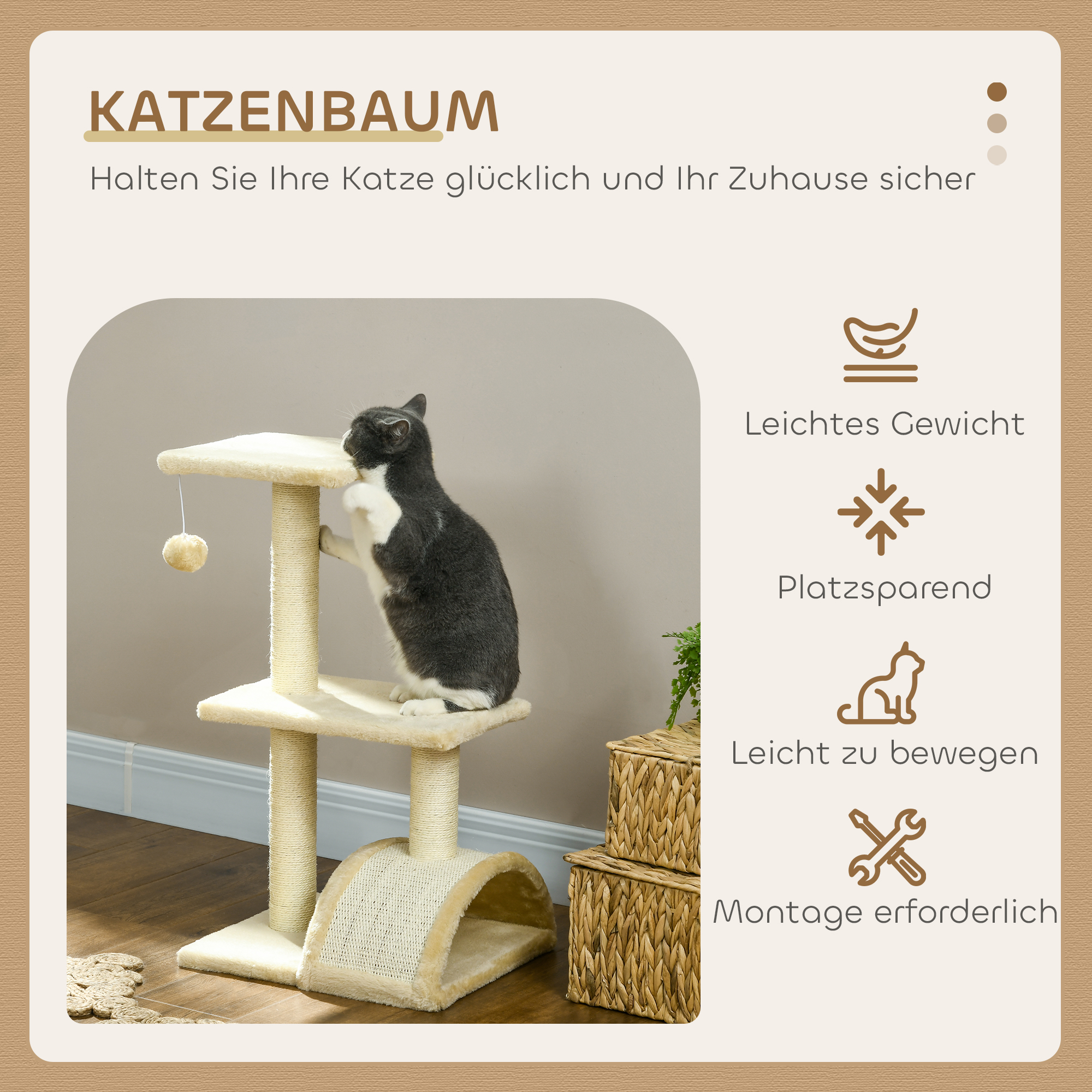 Kratzbaum 72 cm Katzenturm mit Plüschballen, Sisalstämme, Plattform, Kratzbrett Cremeweiß