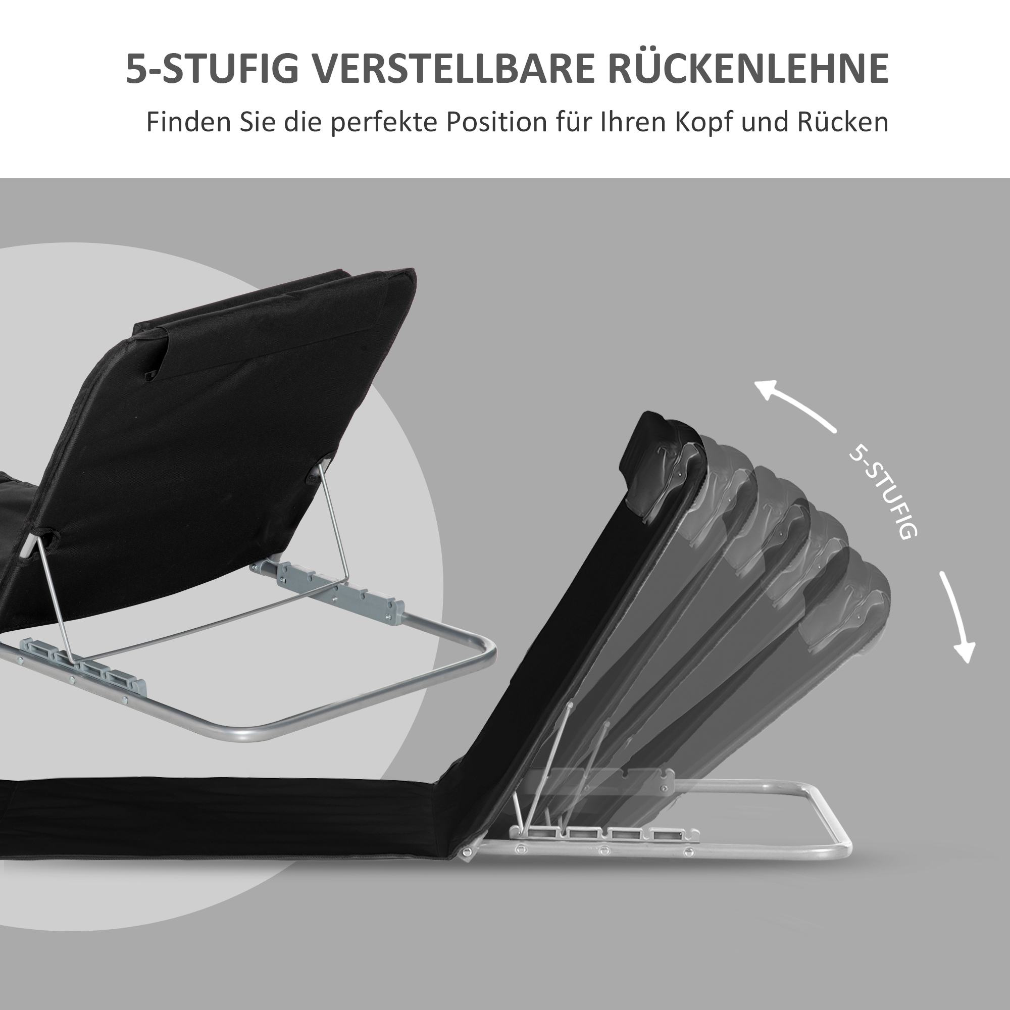 Strandliege Sonnenliege Gartenliege, klappbar, verstellbare Rücklehne, Seitentasche, 48 cm x 134 cm x 33-43 cm, Schwarz