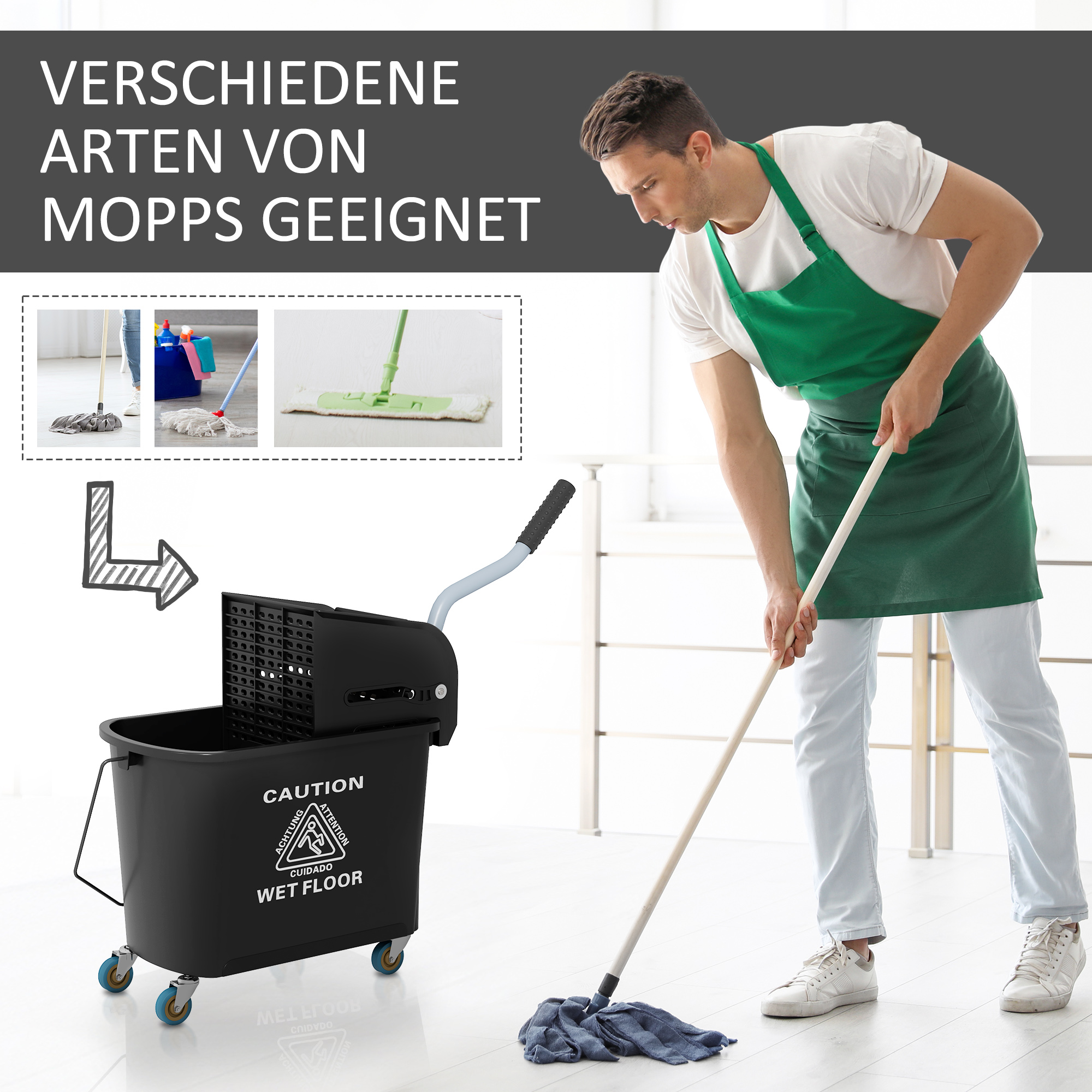 20 L Mopp-Eimer mit Auswringer und Griff, Wischmopp-Eimer auf Rädern, Kunststoff, Schwarz