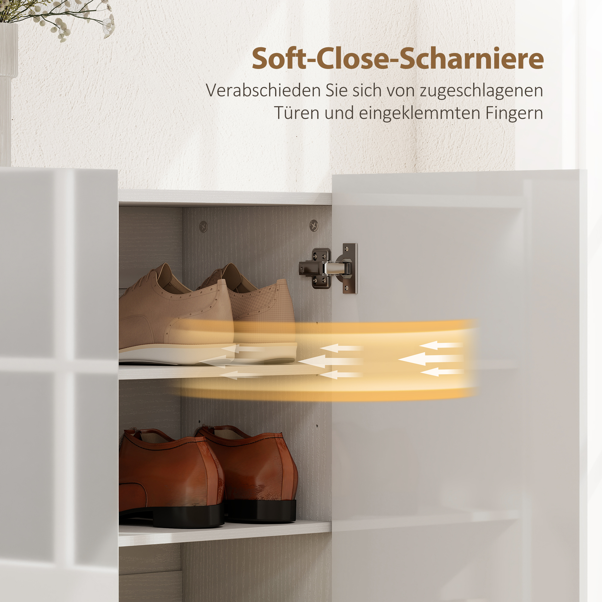 Schuhschrank mit 10 Regalen für 25-30 Schuh-Paare, Lüftungslöcher, Soft-Close-Türen, Holz, Weiß