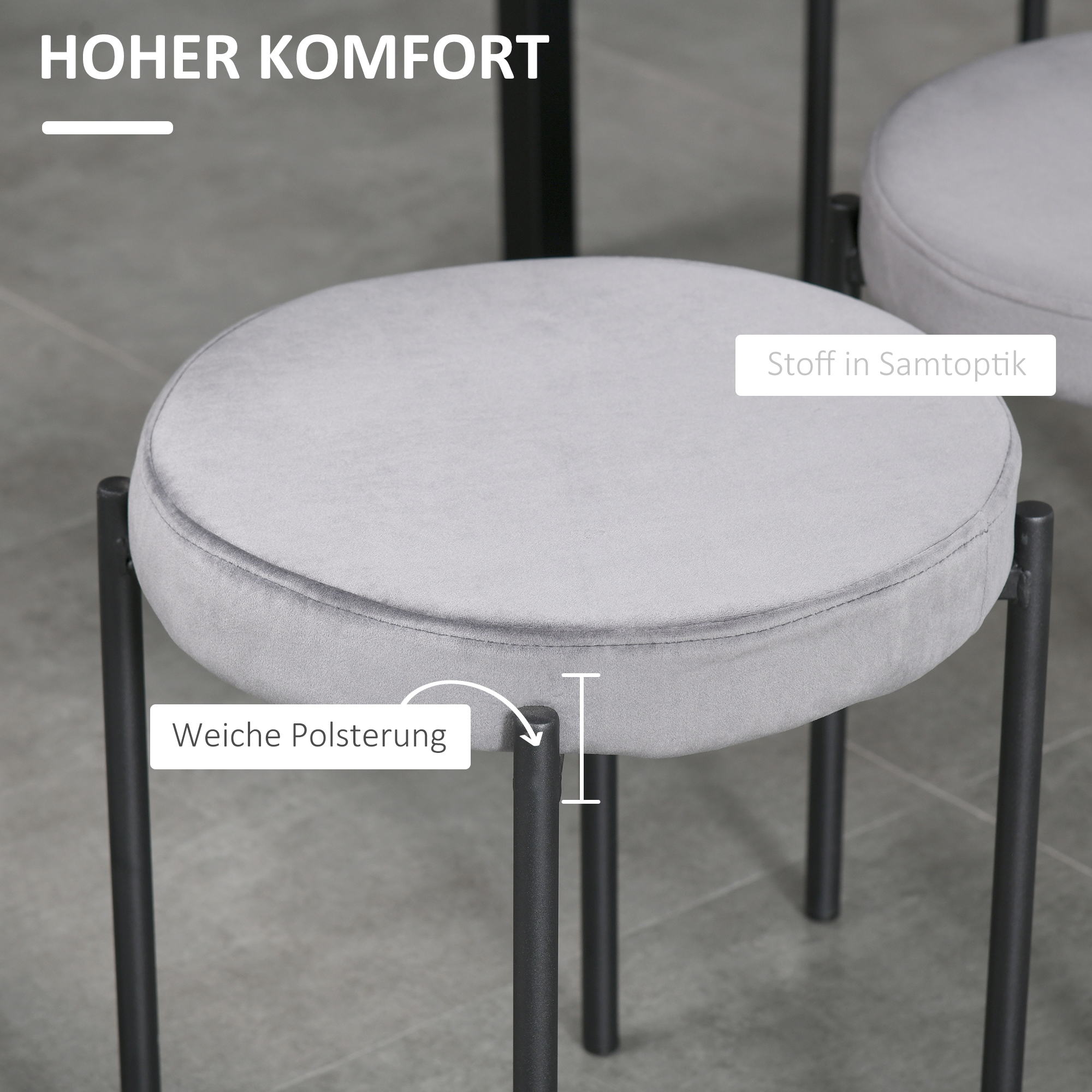 4er-Set Esszimmerhocker Stapelbar Esszimmerstühle Küchenstuhl mit gepolstertem Sitz, Samtoptik Sitzhocker Samt für Küche Esszimmer Metall Grau 41,5 x 41,5 x 46 cm