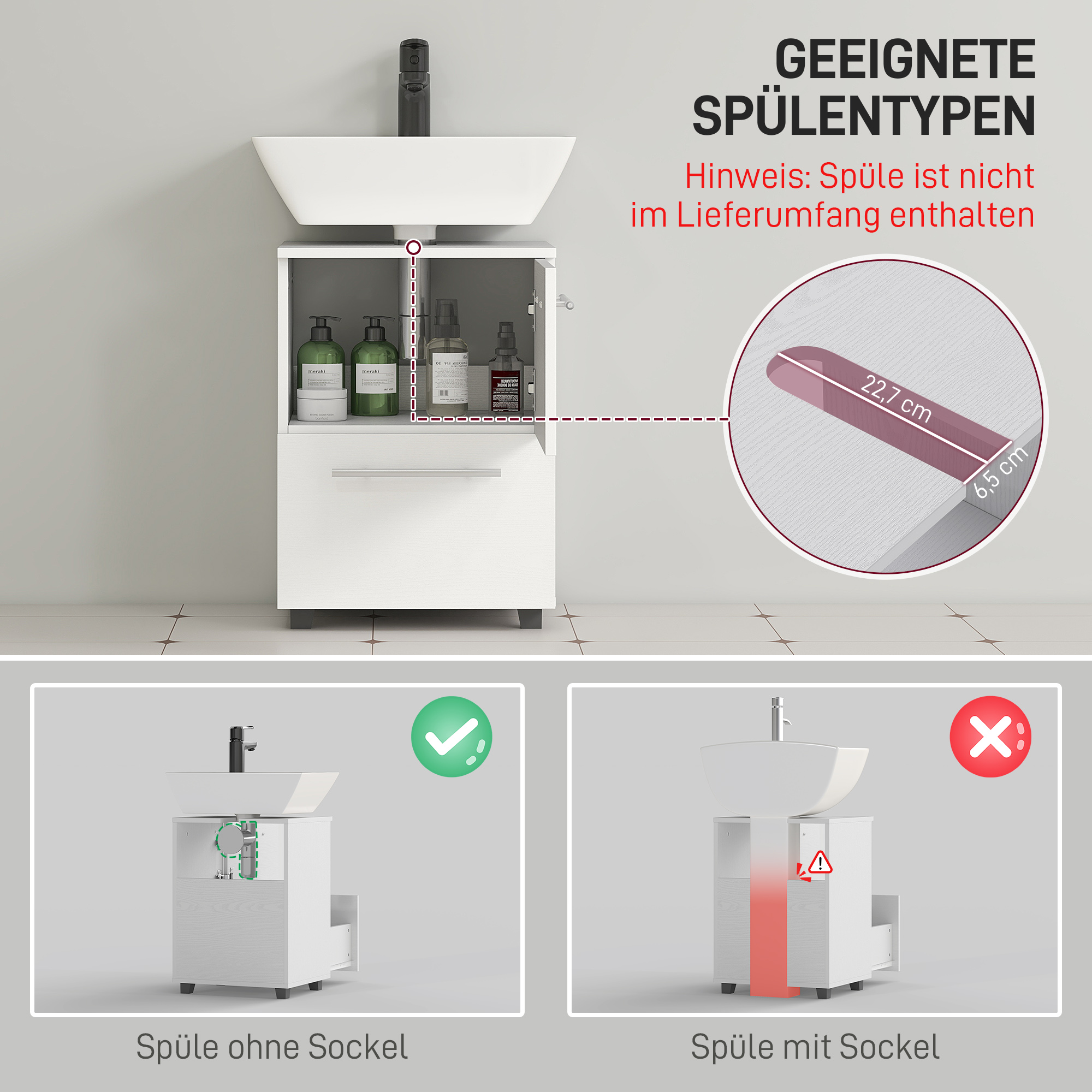 Badezimmerschrank, Waschbecken-Kommode mit Schublade, kompakt, Spanplatte, Weiß