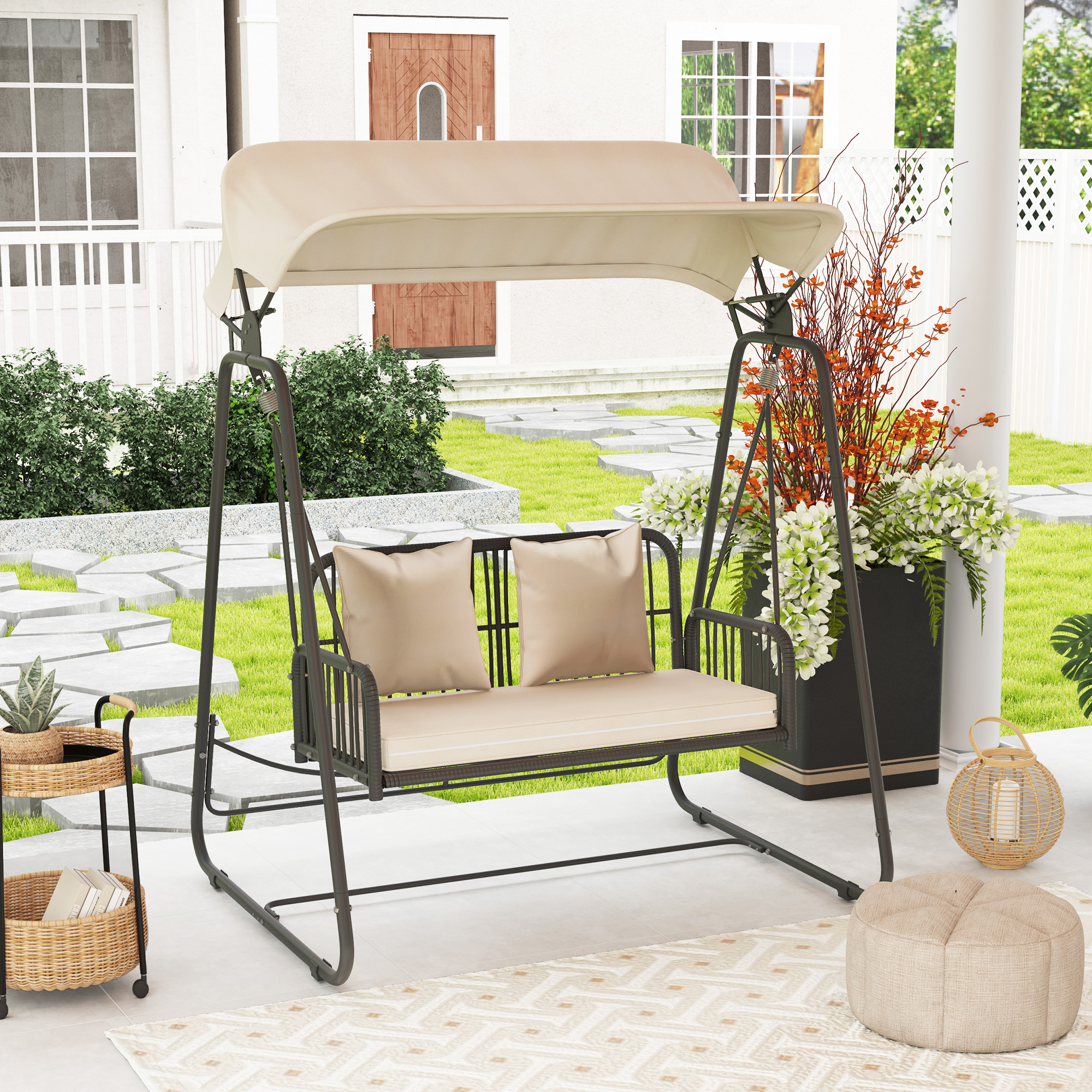 Hollywoodschaukel Rattan 2-Sitzer Gartenschaukel mit Sonnendach Kissen bis 240 kg 149 x 121 x 180 cm Khaki