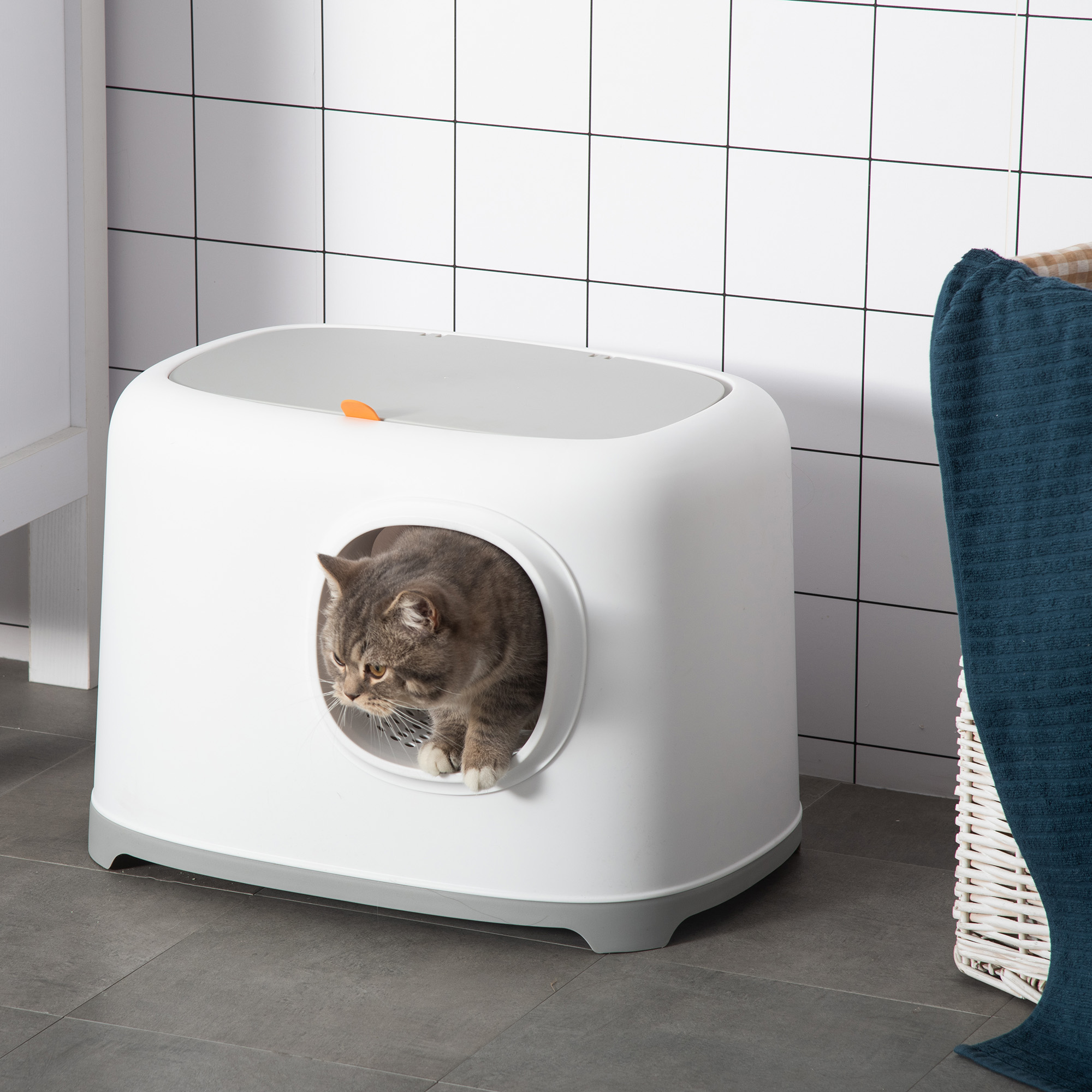 Katzenklo mit Deckel Katzentoilette mit Haube Schaufel Gitterboden XXL Katzentoilette für Katzen bis 5 kg 55 x 40 x 39 cm Weiß