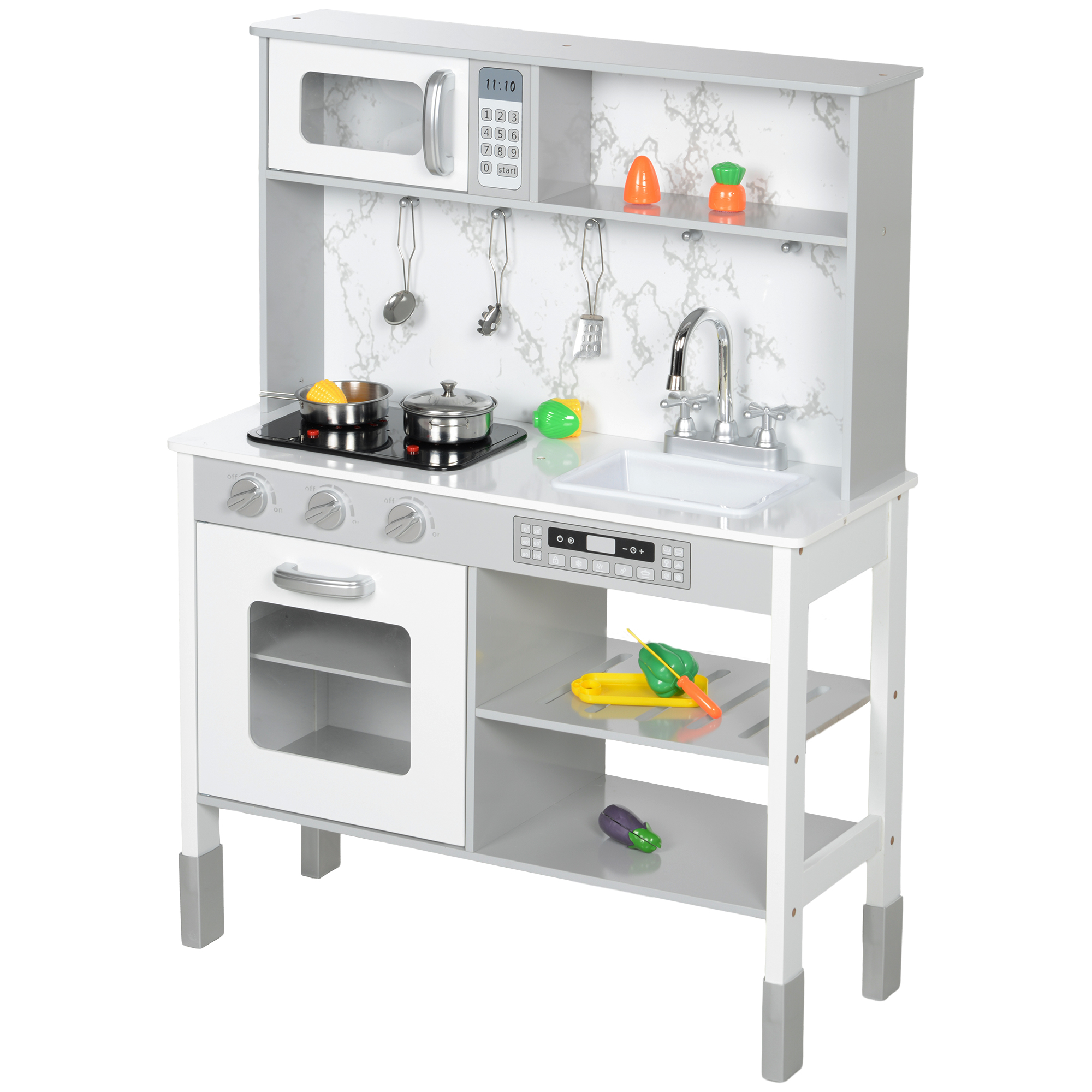 Spielküche mit Herd, Mikrowelle, viel Zubehör, höhenverstellbar, 70,1 x 28 x 90,2/96,1 cm, Weiß